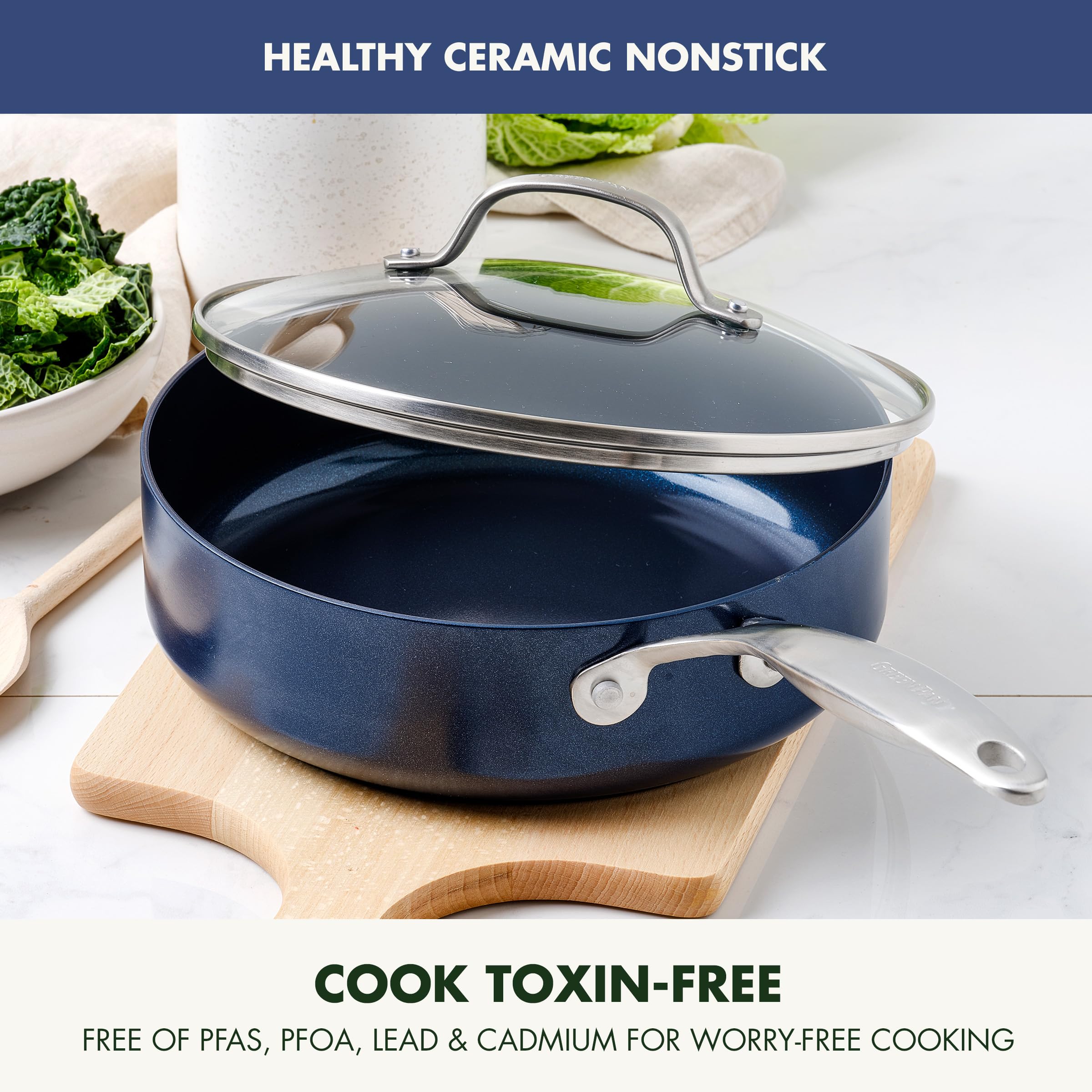 GreenPan Valencia Pro Hard Anodized Healthy Ceramic Nonstick 3.25QT Saute Pan with Lid - PFAS-Free, Induction, Dishwasher & Oven Safe (Blue) - Perfect for Healthy Cooking, Frying & Sauteing in Modern Kitchens