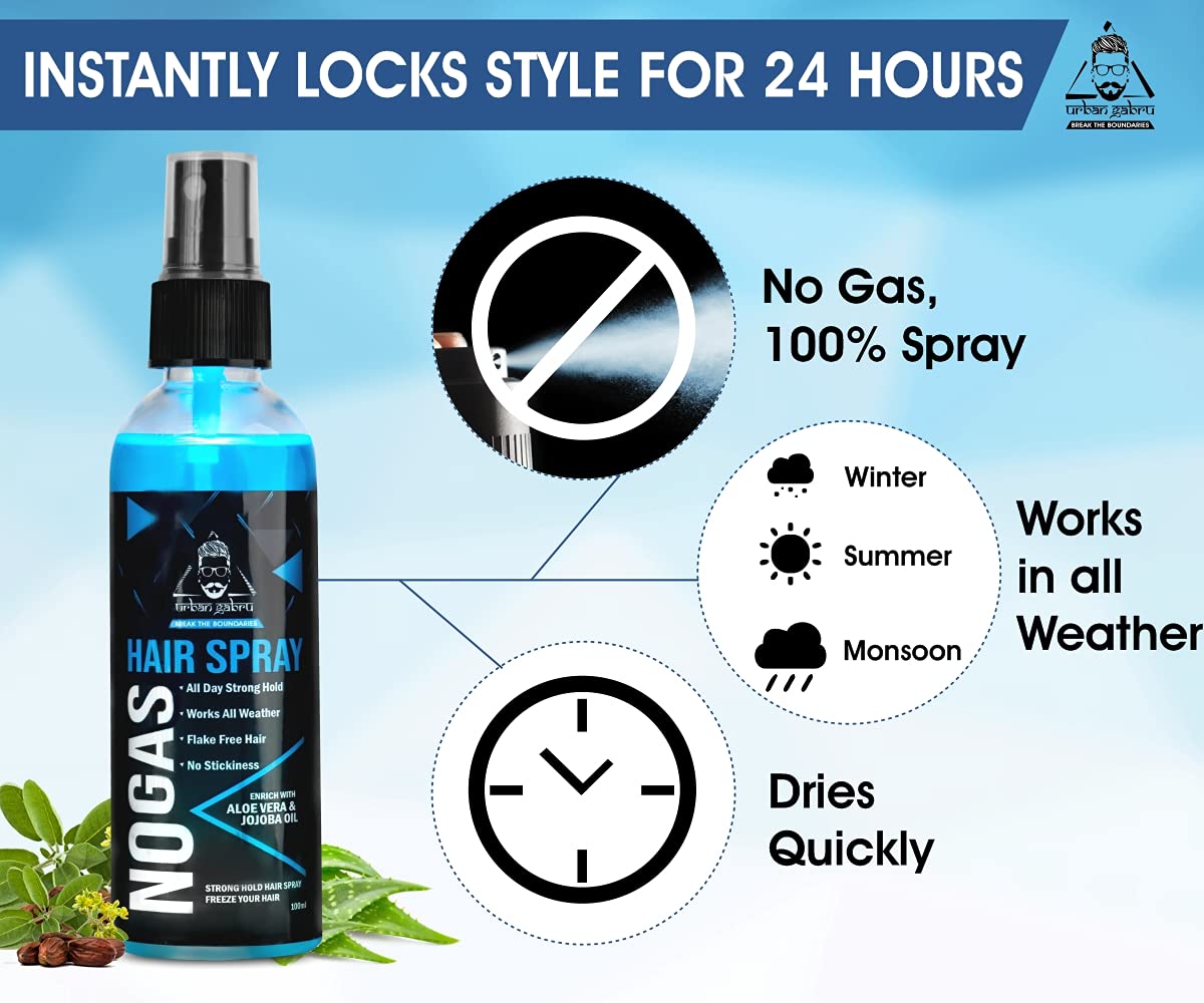 UrbanGabru Unlimited Hold No Gas Hair Spray (100 ml) - Strong Hair Styling & Setting Spray for Men & Women | Paraben & Sulfate Free | All-Day Hold for Parties, Weddings & Daily Styling