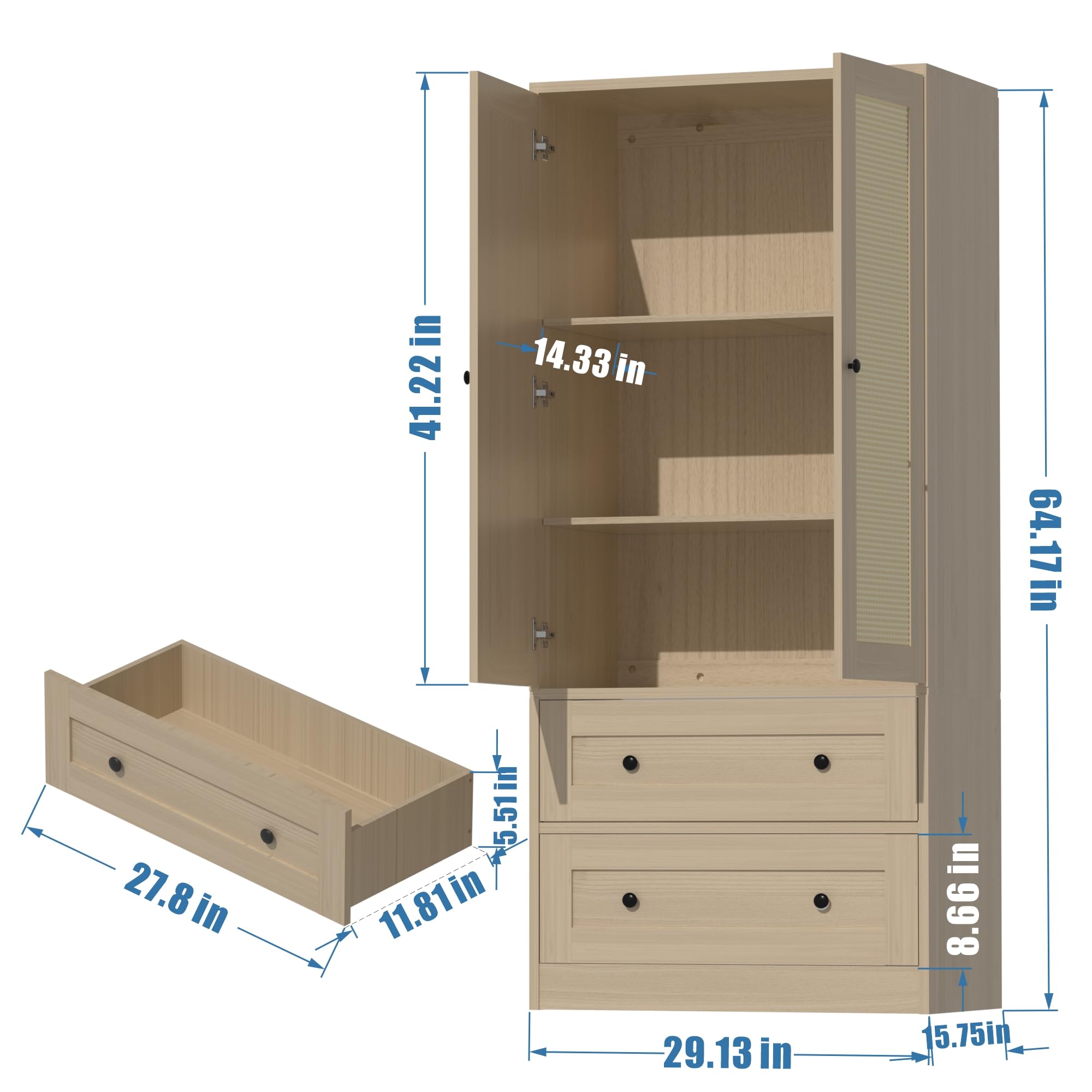 Rattan Oak Kitchen Pantry Cabinet - 64.2
