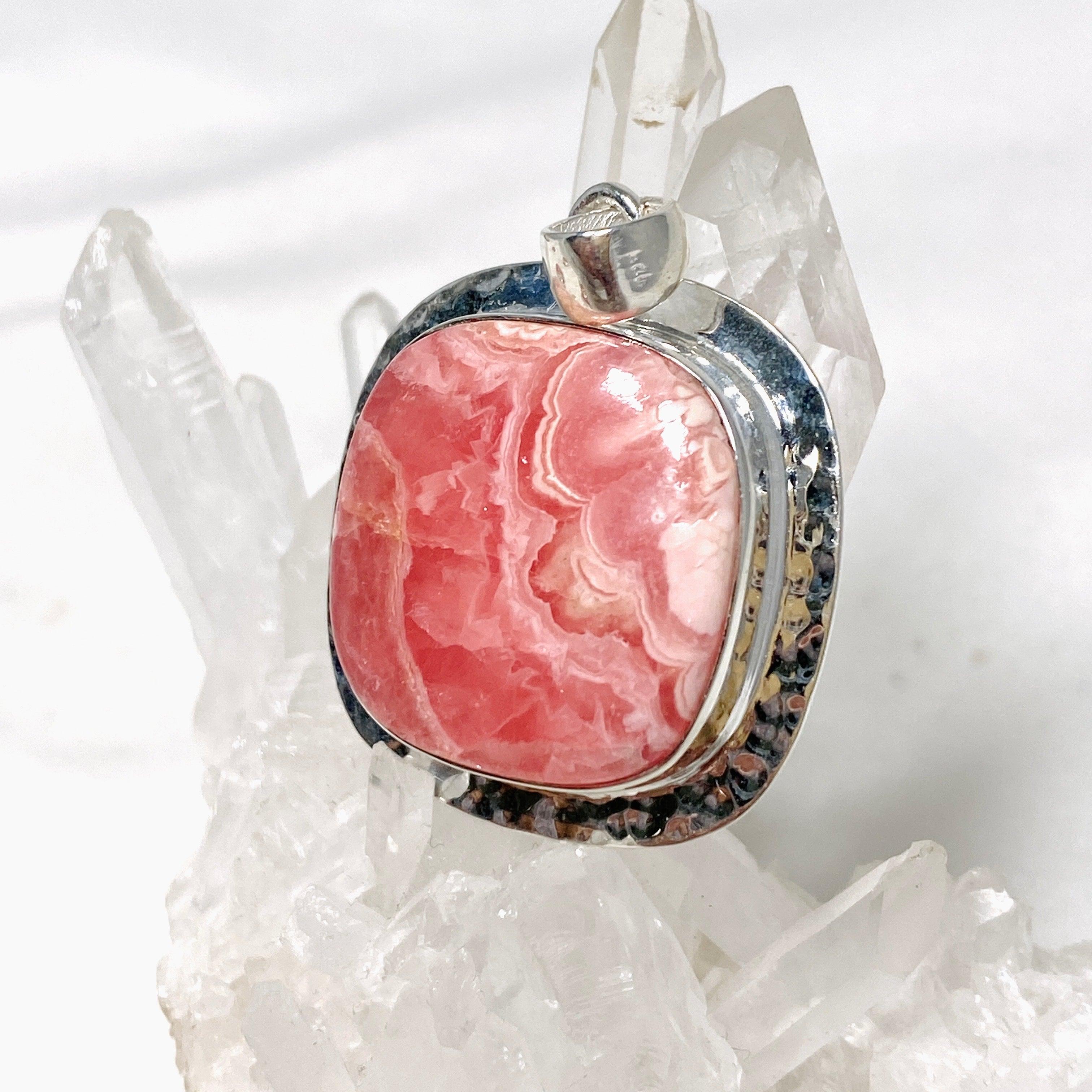 Rhodochrosite Square Pendant Necklace - Handcrafted Hammered Sterling Silver Jewelry KPGJ4323 | Perfect for Gift Giving, Date Nights & Special Occasions