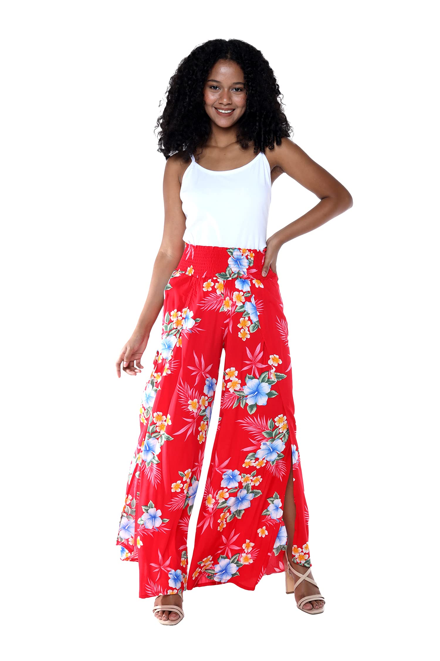 Floral Print High Slit Wide Leg Pants for Women - Boho Chic Palazzo Trousers with Side Slits - Perfect for Summer Vacations, Beach Outfits & Casual Wear