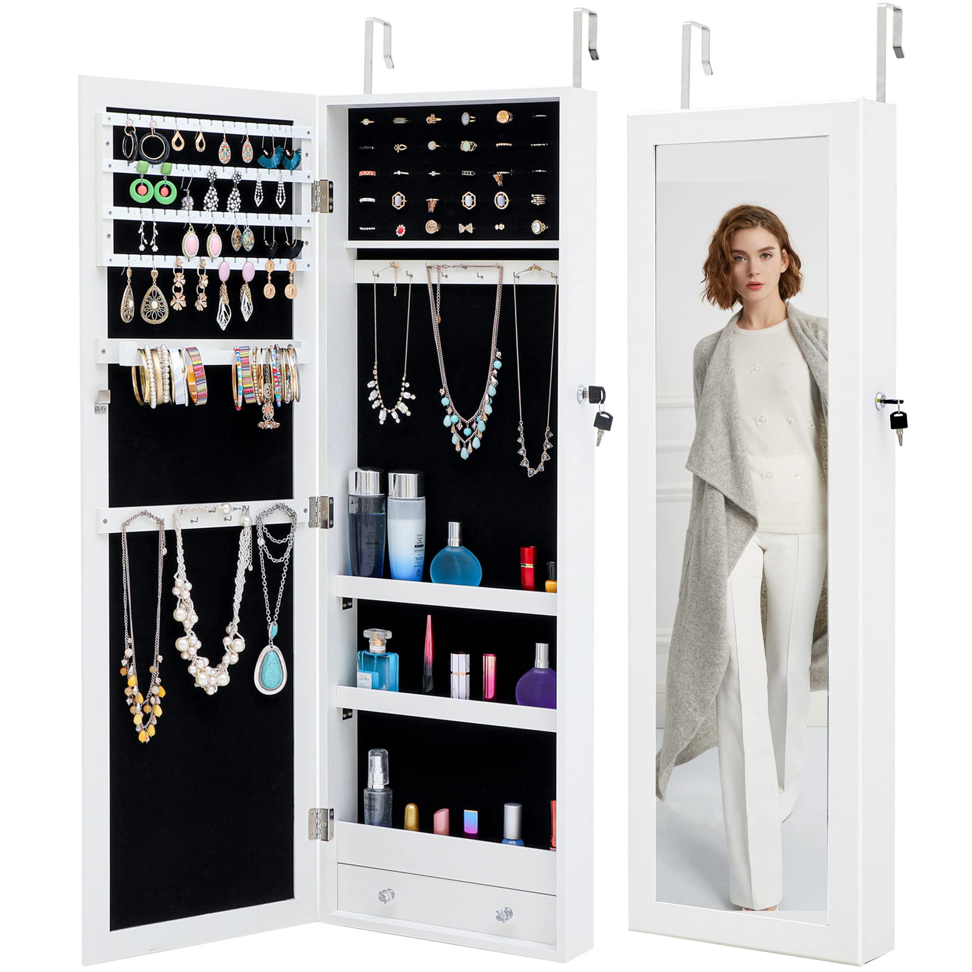 HOUAGI Full Length Mirror Jewelry Cabinet with Lockable Drawers - Wall Mount or Door Hanging Jewelry Storage Organizer Armoire (White) - Perfect for Bedroom, Closet & Dressing Room Organization