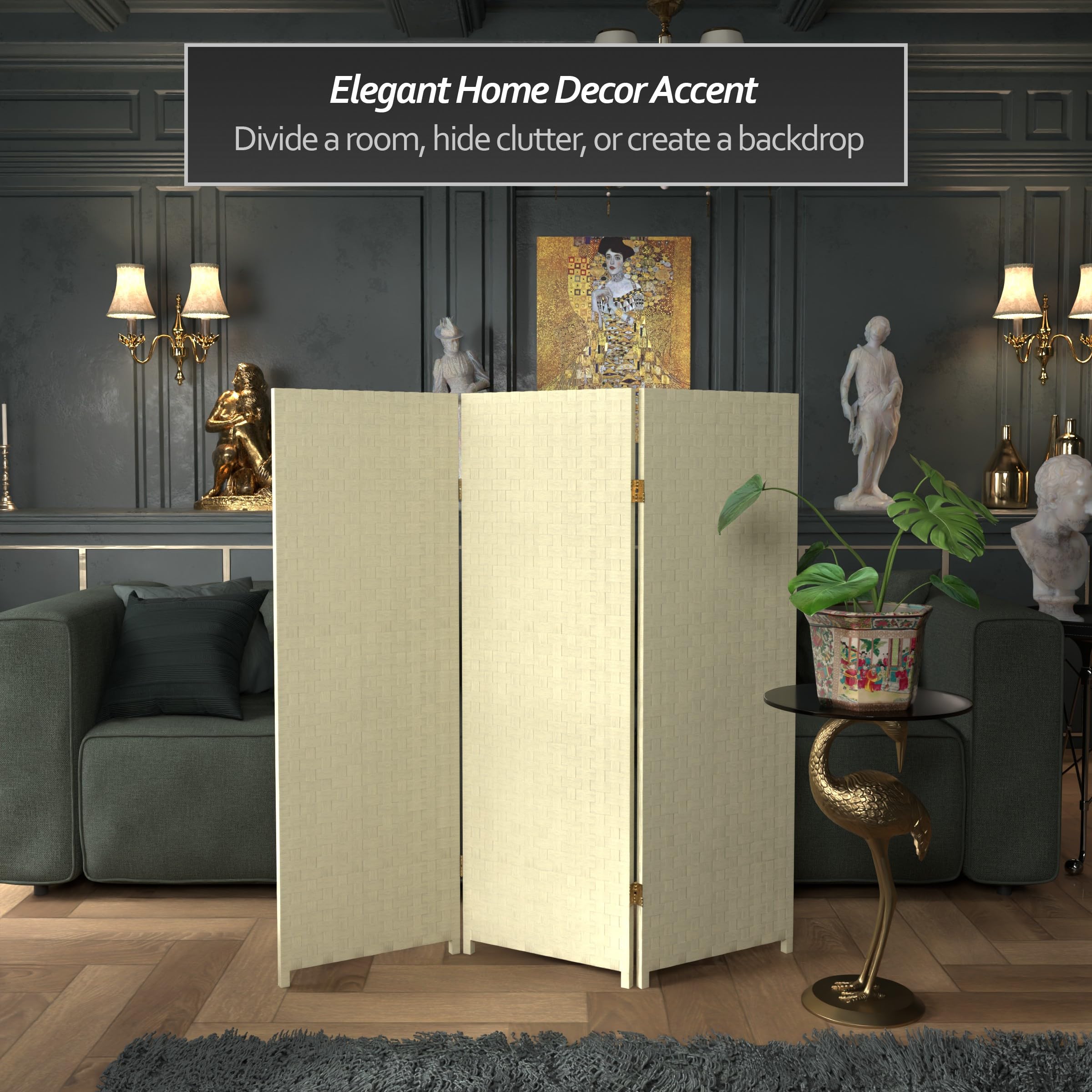 4 ft. Short Woven Fiber Folding Room Divider Screen - Cream - 3 Panel Privacy Partition for Home, Office, or Studio Decor