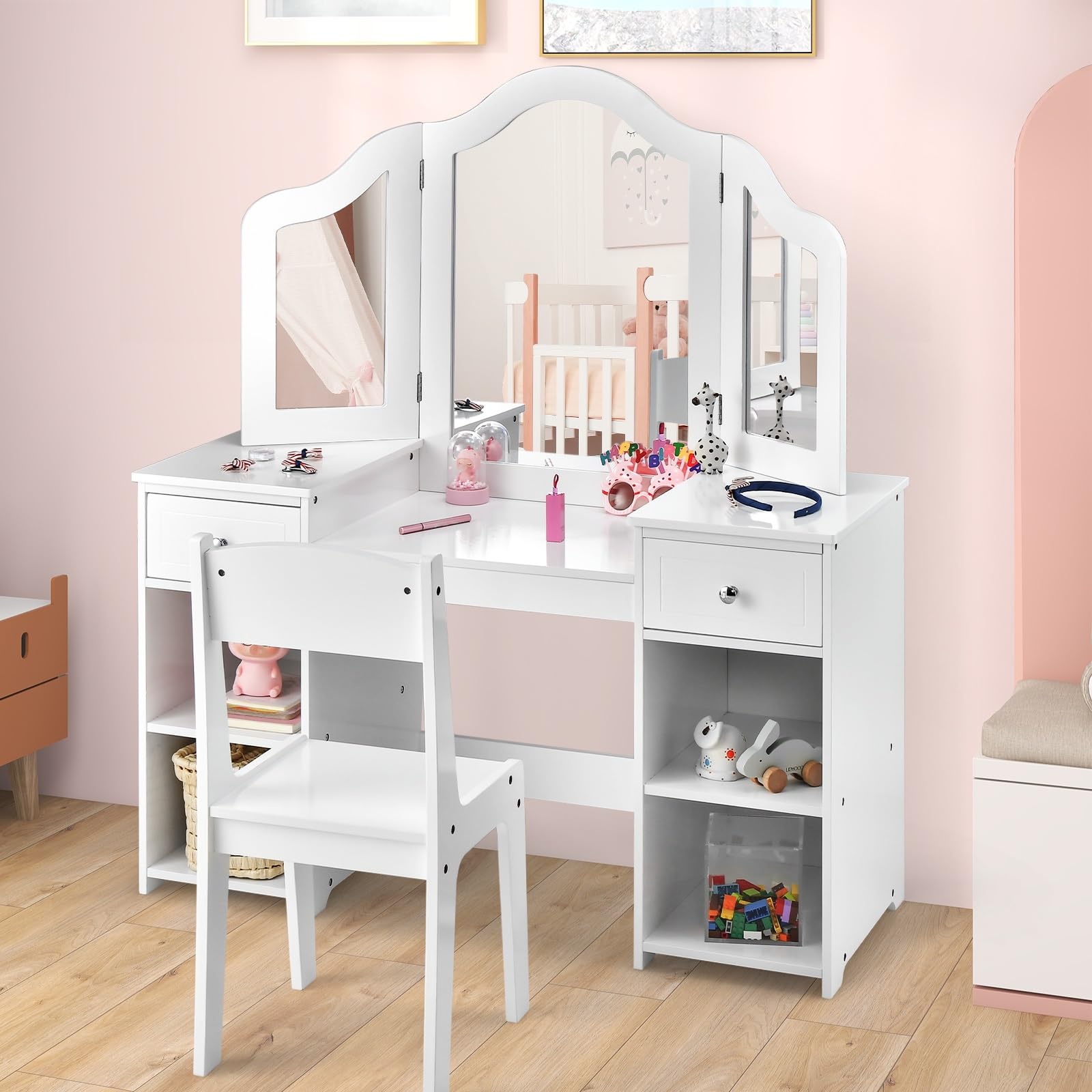 AKUSTIK Kids Vanity Set - 2 in 1 Wooden Princess Makeup Table & Chair with Tri-Folding Mirror & Storage Drawers - Pretend Play Beauty Dressing Desk Toy for Toddler Girls - Perfect for Birthday Gifts, Bedroom Decor & Role Play Activities