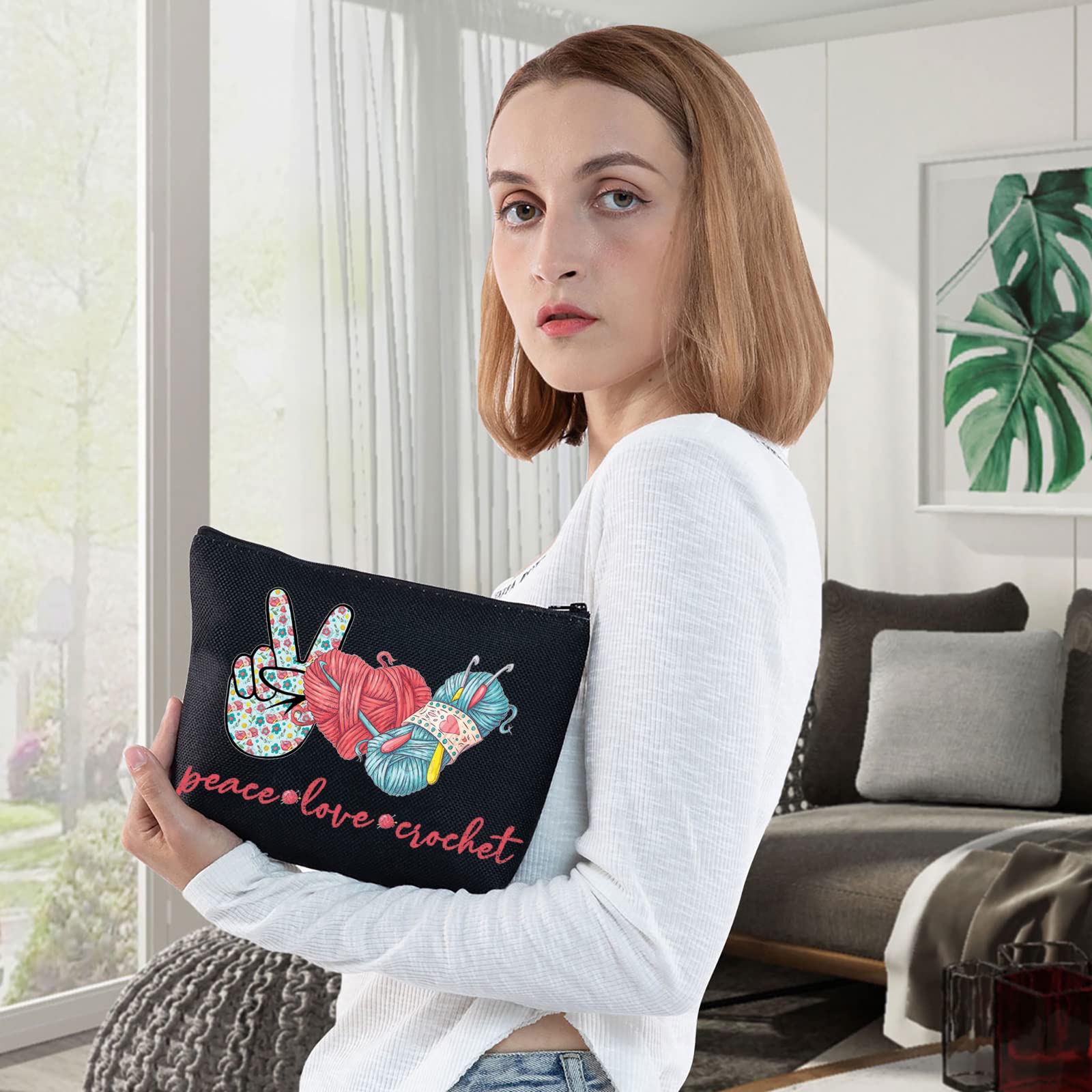 Crochet Makeup Bag for Women - WZMPA Peace Love Crochet Cosmetic Pouch with Zipper, Handmade Crocheting Gift for Girls & Women, Perfect for Travel, Gym & Daily Use