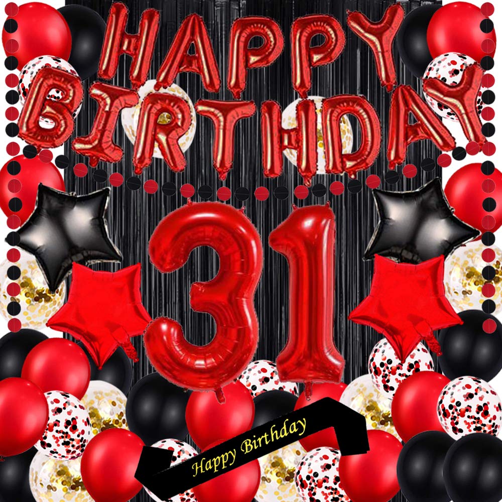 31st Birthday Party Decorations Set - 16 Inch Red Foil Balloons, Banner, Sash & Black Curtains for Red Theme Celebration | Perfect for Milestone Birthday Parties, Photo Backdrops & Event Decor