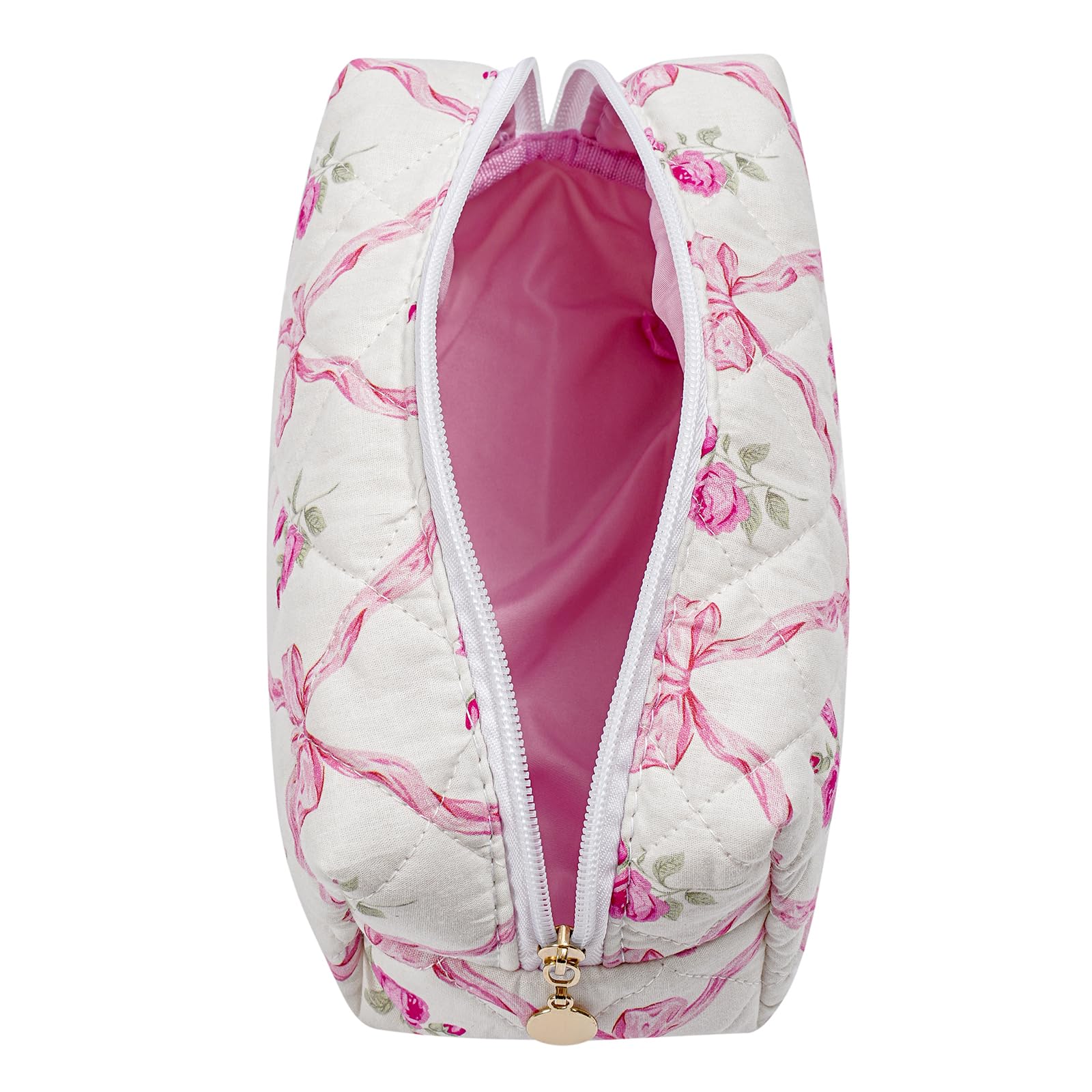 Quilted Cotton Makeup Bag with Zipper - Cute Bow Pattern Cosmetic Pouch for Women & Girls | Travel Toiletry Organizer | Portable Storage Bag for Makeup Brushes, Lipsticks & Skincare (Pink Bowknot) - Perfect for Travel, Gym & Daily Use