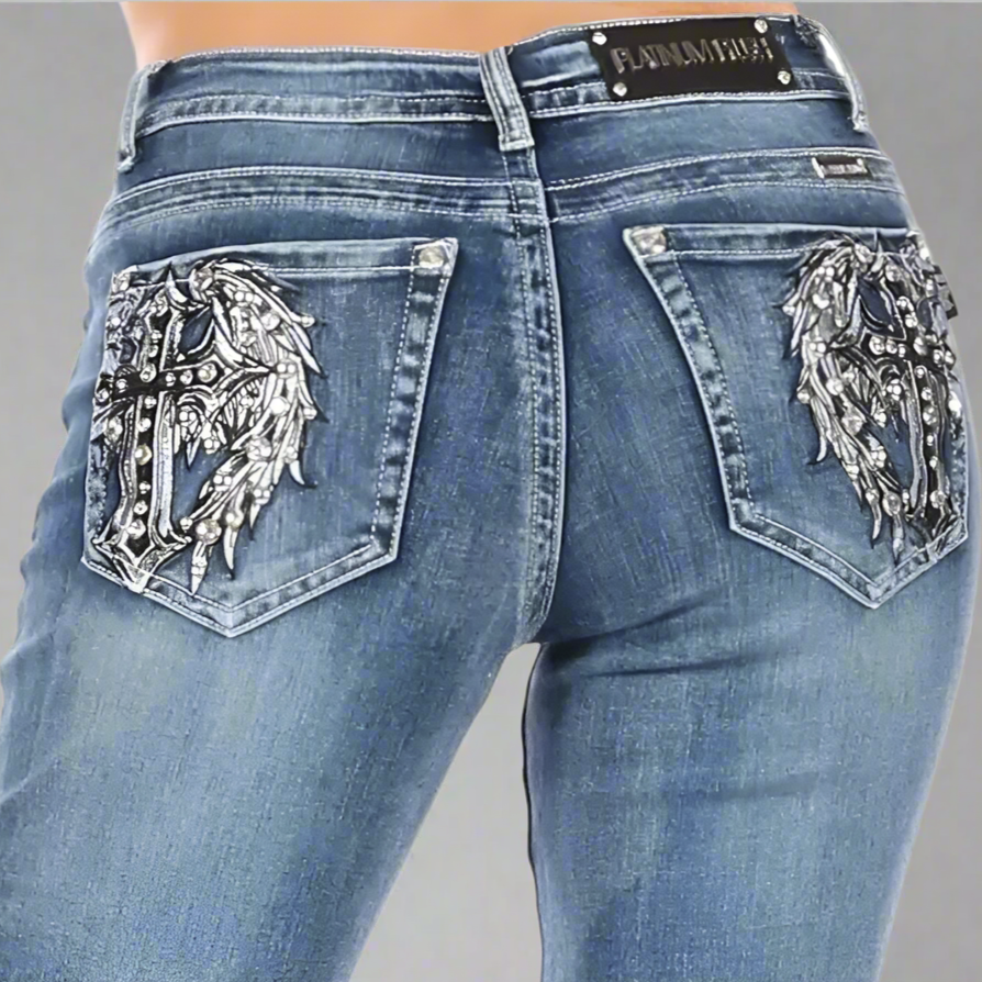 Sparkling Rhinestone Embellished Bootcut Jeans for Women - Angel Wing Cross Back Pocket & Sequined Details | Perfect for Night Out, Party & Special Occasions