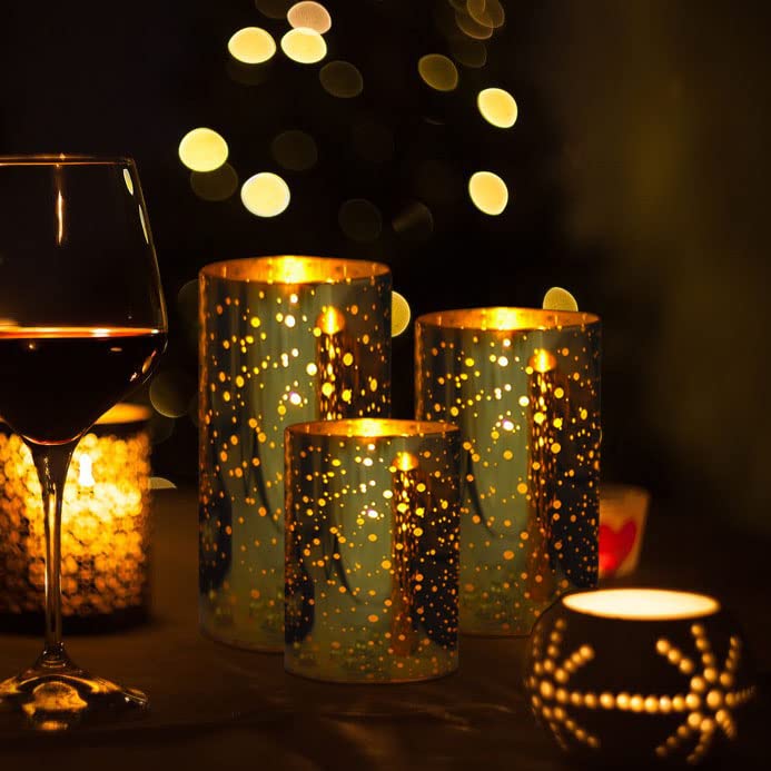 Realistic Flickering LED Flameless Candles - Gold Glass Battery Operated Candles with Remote & Timer, AA Batteries Included - Perfect for Christmas Decorations, Halloween Party Lighting & Home Ambiance