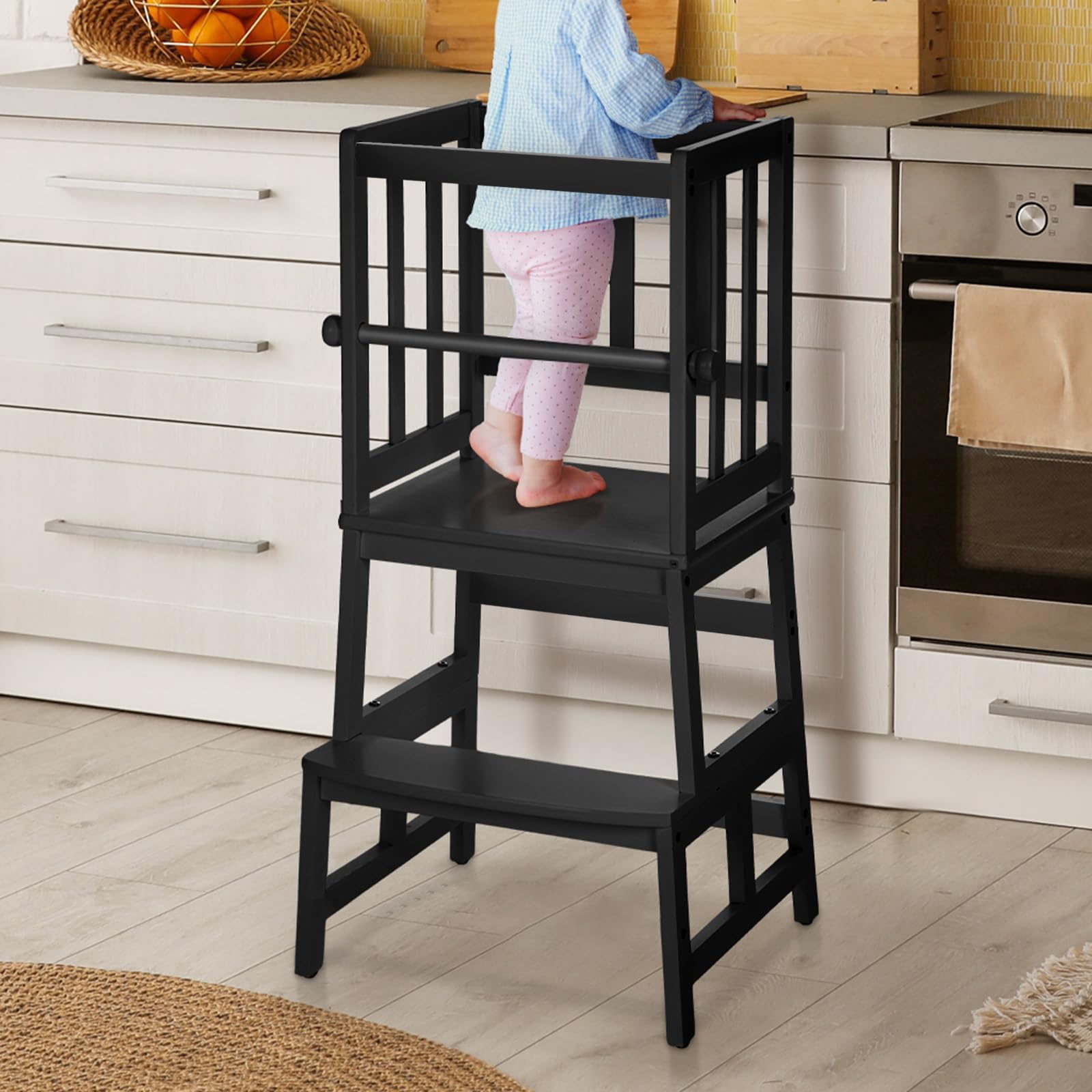 COSYLAND Kids Kitchen Step Stool - Natural Bamboo Toddler Helper Stand with Safety Rail | Multi-Function Step Up Nursery Stool for Babies & Children | Strong Lightweight Design for Cooking, Bathroom & Playtime