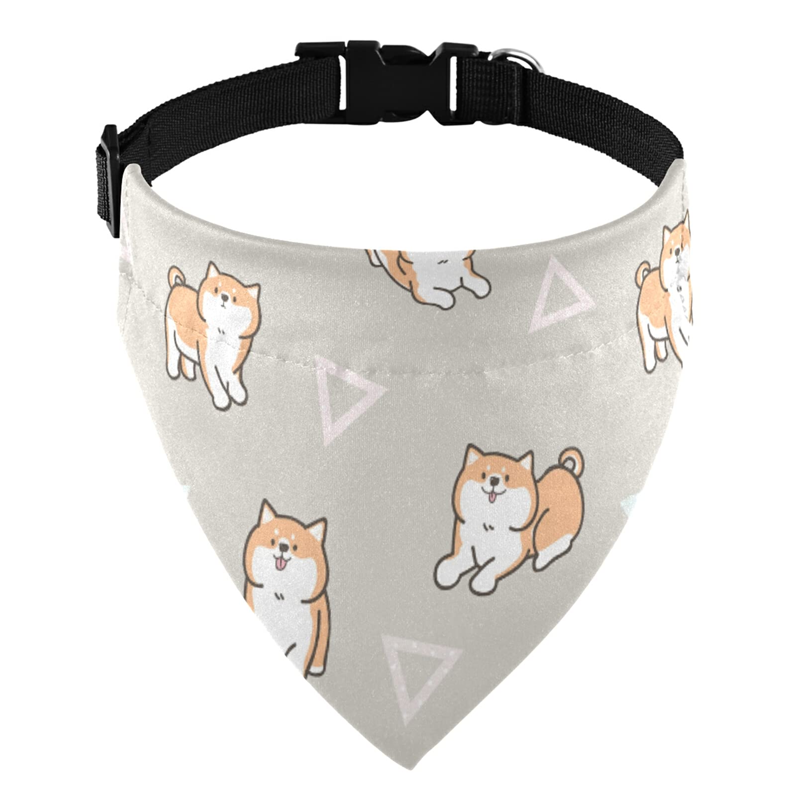 Cute Cartoon Shiba Inu Dog Pattern Adjustable Martingale Collar for Small & Medium Dogs - Geometric Triangle Design with Warm Grey Base - Includes Saliva Bib & Bandana Scarf - Perfect for Daily Walks, Training & Pet Fashion