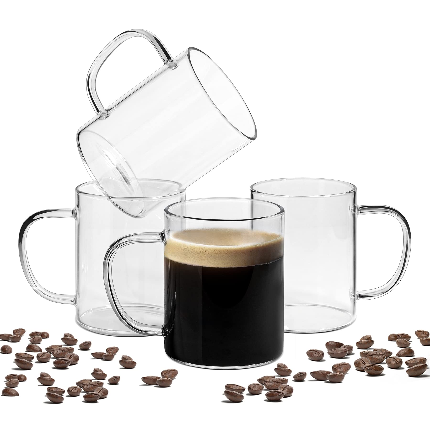 ComSaf 14oz Glass Coffee Mugs Set of 4 - Clear Borosilicate Glass Cups with Large Handle for Tea, Milk, Hot & Cold Drinks - Durable Crystal Drinking Glasses for Home, Office, Gift (Birthday, Christmas) - Perfect for Morning Coffee, Afternoon Tea & Entertaining Guests