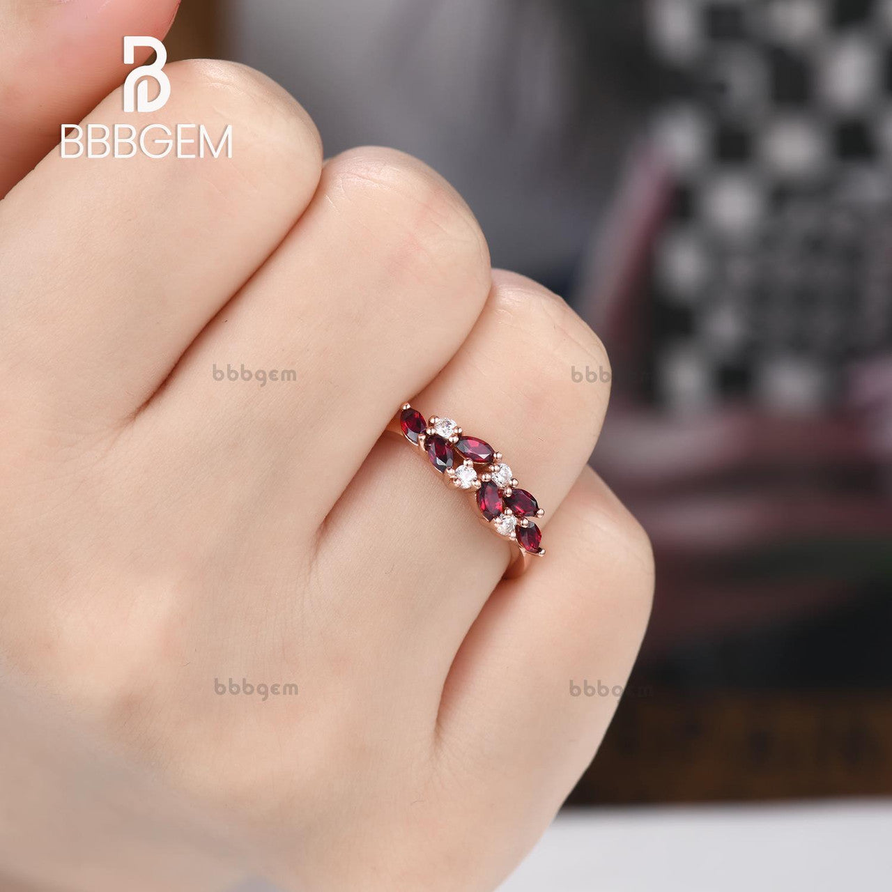 14K Rose Gold Marquise Round Red Garnet Diamond Stacking Promise Ring for Women - Perfect Gift for Her, Anniversary, Engagement, or Special Occasion