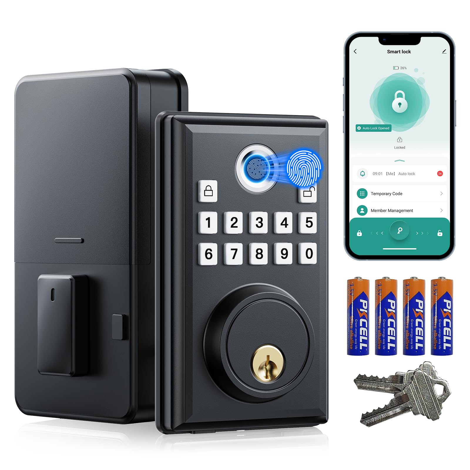 Smart Keyless Entry Door Lock - Fingerprint & APP Remote Control, Auto-Locking Deadbolt for Front Door/Bedroom, Easy Installation with 4 AA Batteries Included | Secure Your Home & Office with Touchless Access
