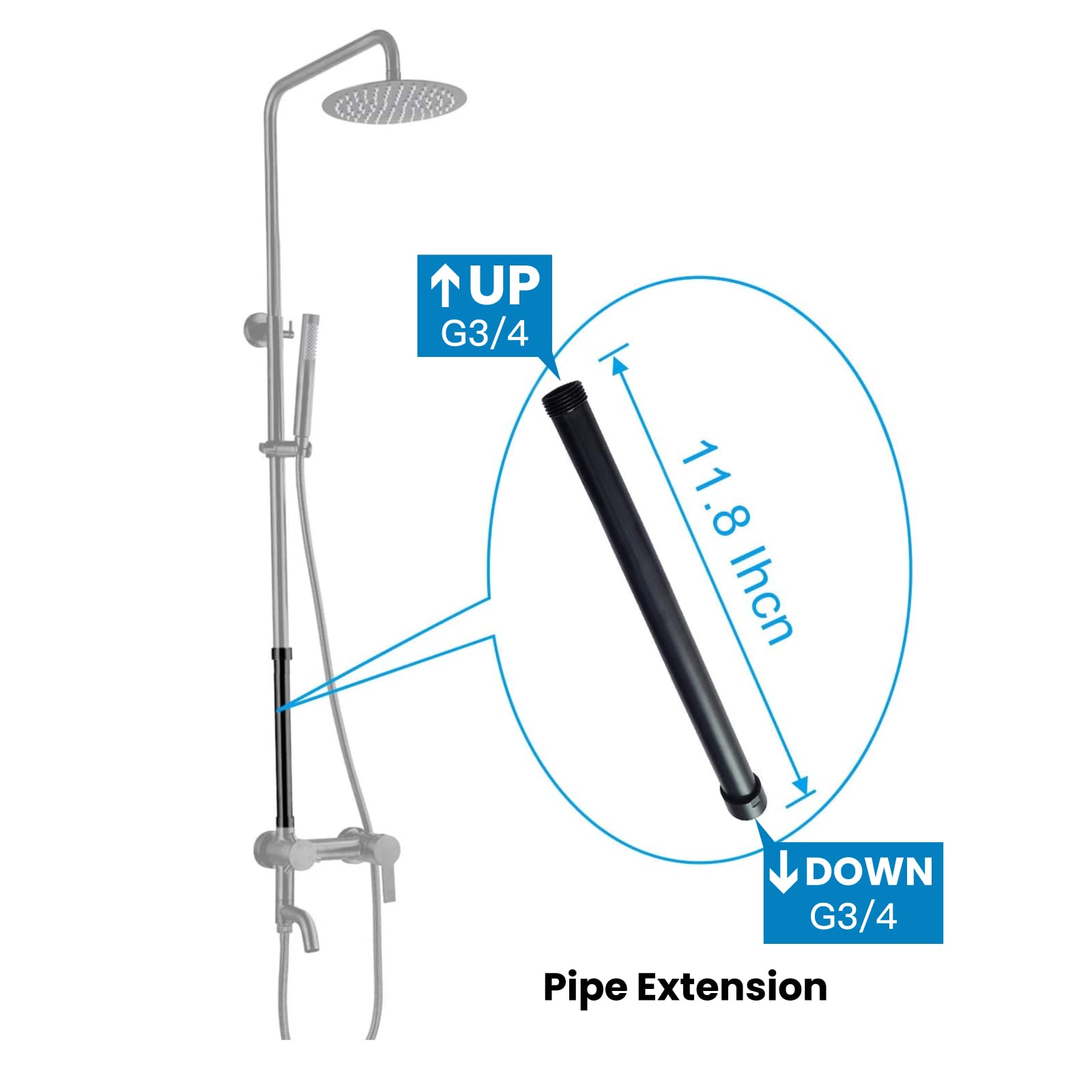 Gotonovo 12 Inch Shower Extension Tube - Matte Black G3/4 Shower Pipe Extender Bar for Tall People, Adjustable Shower Height - Perfect for Outdoor, RV, Camping & Bathroom Use