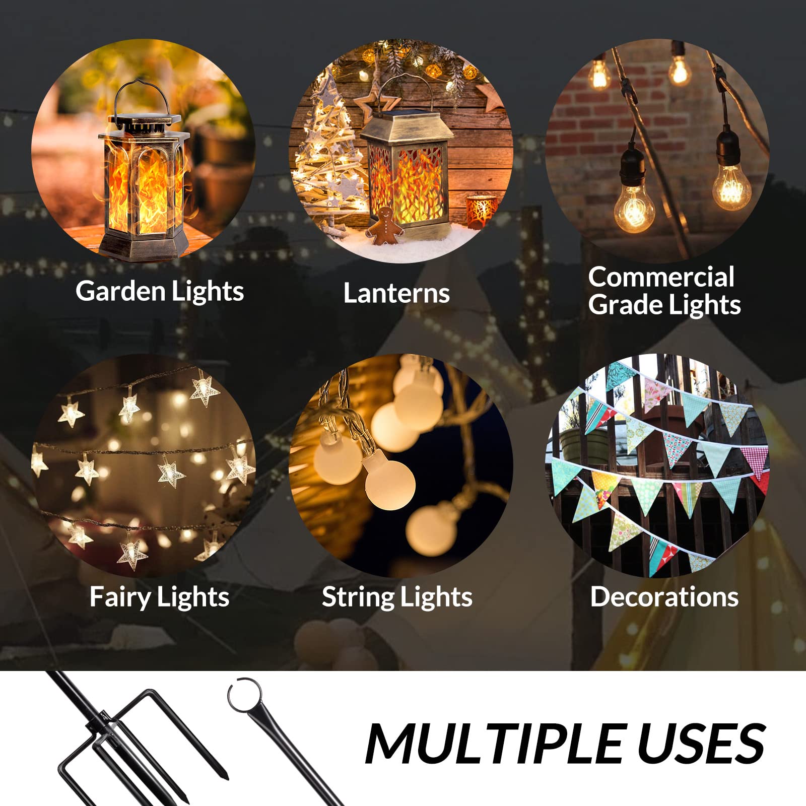 Walensee 4 Pack String Light Poles with Hook - 9.4FT Outdoor Metal Lighting Poles for Hanging String Lights - Garden & Patio Decor - 5-Prong Fork Steel Stand Holder - Perfect for Holidays, Weddings, Easter, Parties & Backyard Gatherings - Create Magical Outdoor Ambiance