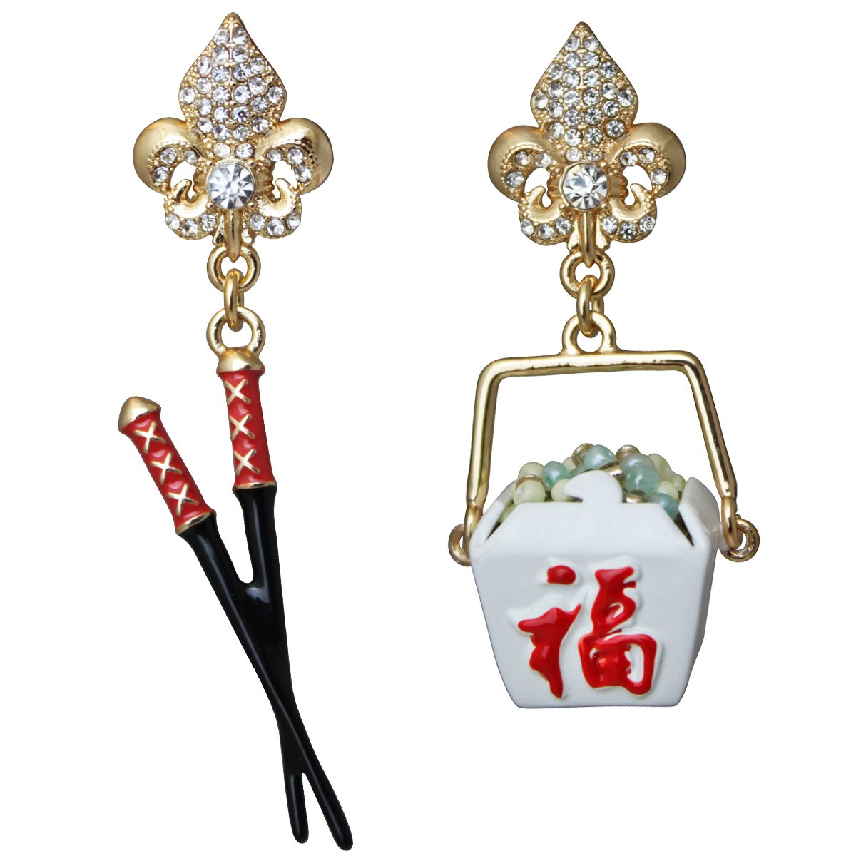 Ritzy Couture Women's Chinese Takeout Food Container & Chopsticks Drop Dangle Earrings - Gold Tone Fashion Jewelry for Asian-Themed Parties, Date Nights, and Cultural Events