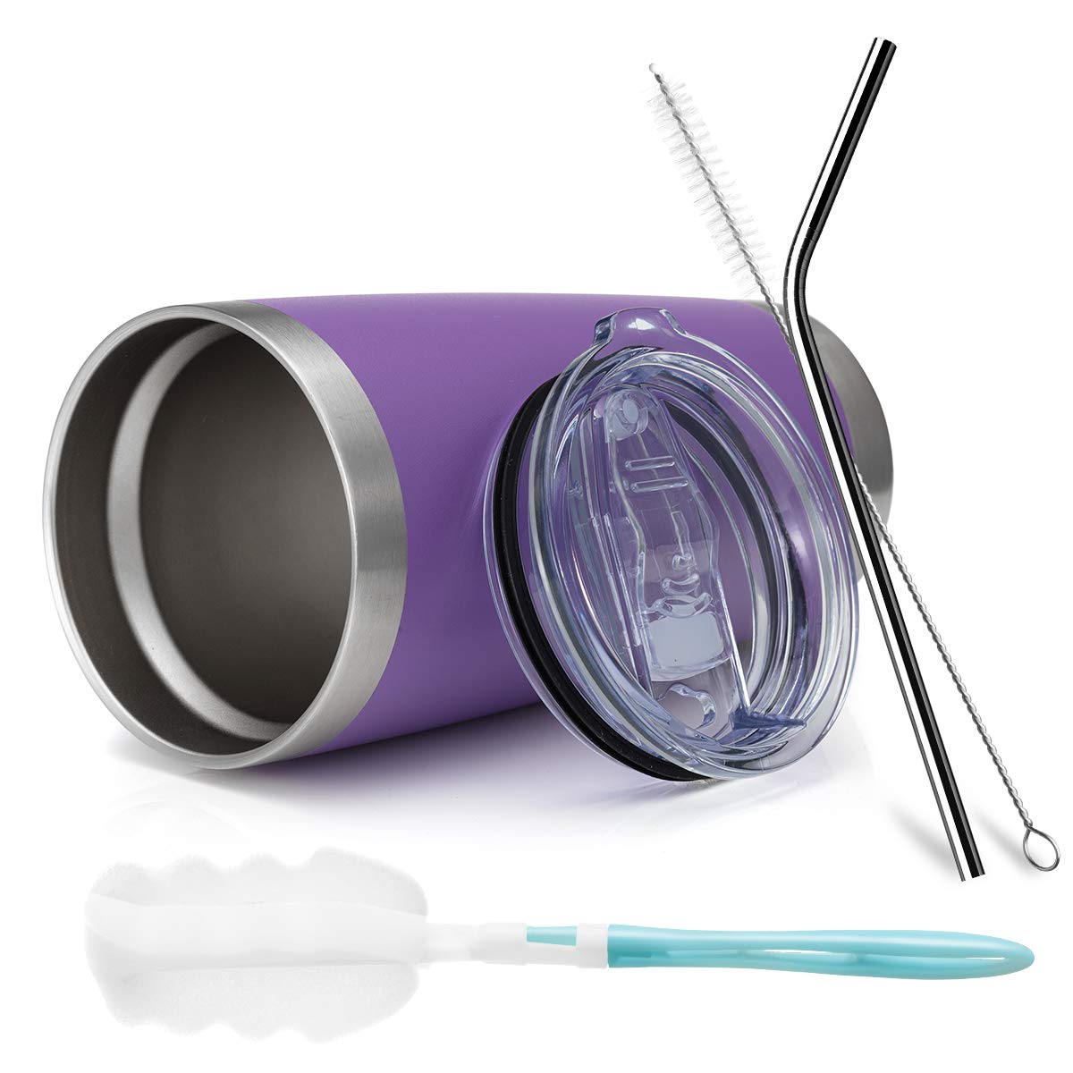 COMOOO 20oz Double Wall Vacuum Insulated Stainless Steel Travel Mug with Lid & Straw - Powder Coated Durable Tumbler for Hot & Cold Drinks (4 Pack, Purple) - Perfect for Office, Camping, Gym & Daily Commute