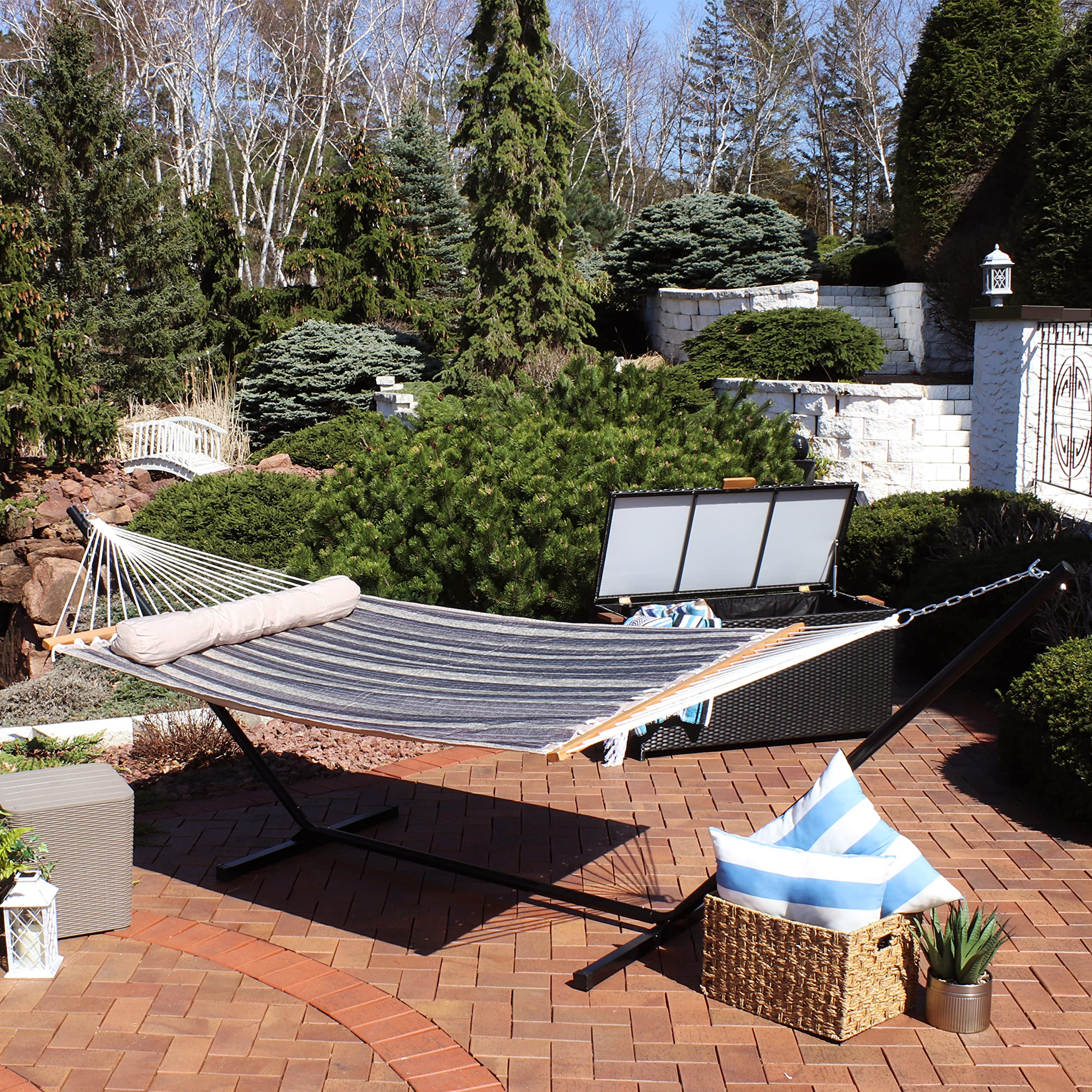 Sunnydaze Quilted Double Hammock with Stand for Outdoor Use - 350 lb Weight Capacity 2-Person Hammock with 12-Foot Steel Stand - Perfect for Backyard, Patio, Camping & Mountainside Relaxation