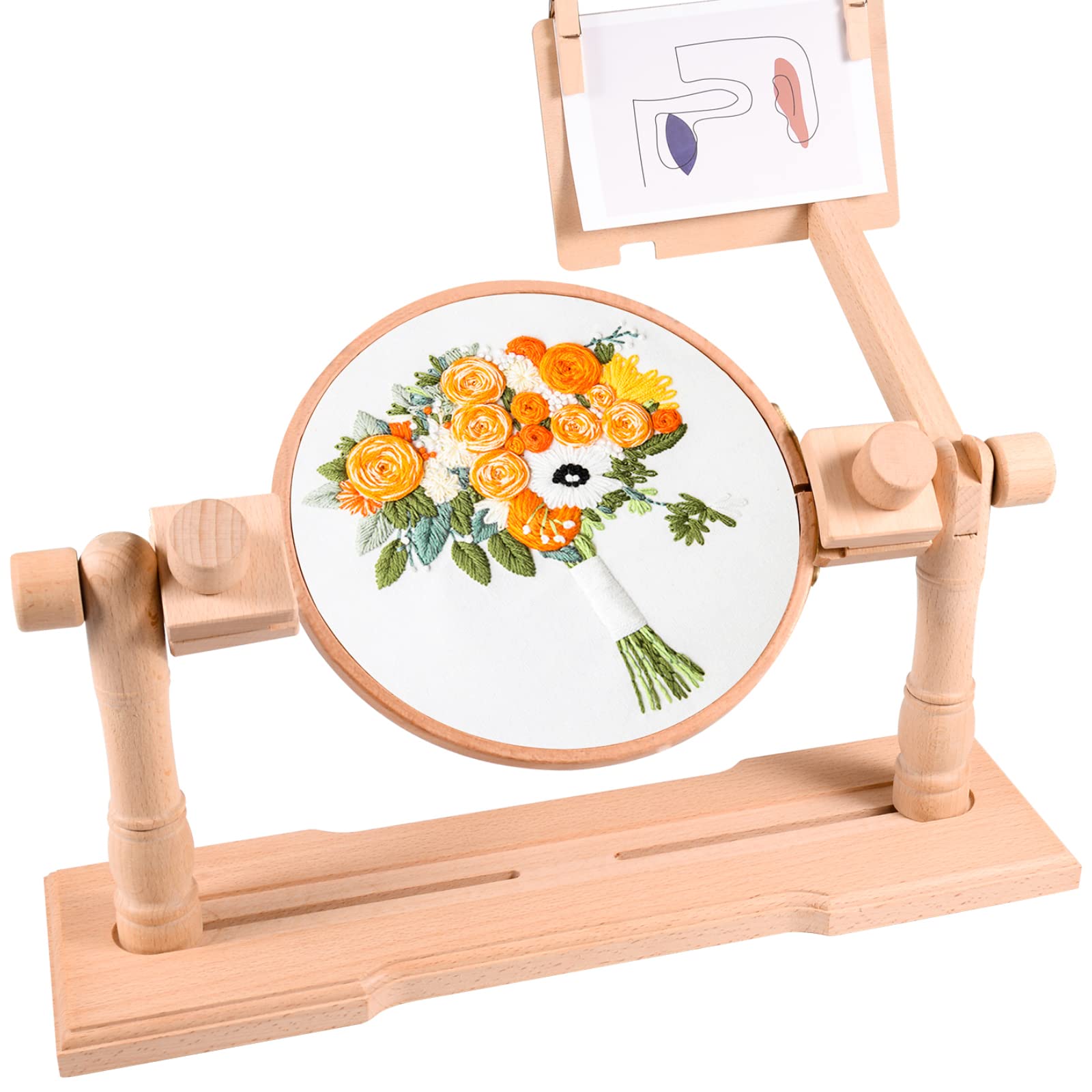 Rotating Embroidery Hoop Stand - Beech Wood Cross Stitch Lap Stand with Instruction Board for Needlework | 2-Person Embroidery Holder for Home Crafting & DIY Projects