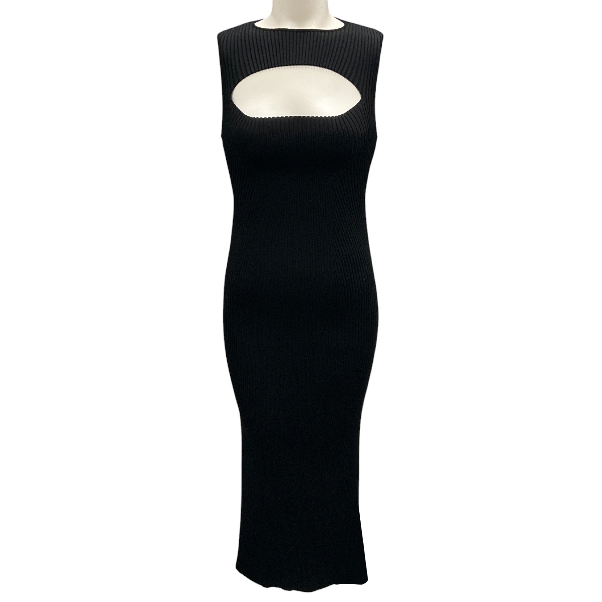 Alexander McQueen Black 2024 Cut-Out Detail Ribbed Knit Fitted Midi Dress for Women | Elegant Evening Party & Cocktail Dress | Perfect for Date Night, Gala Events & Special Occasions
