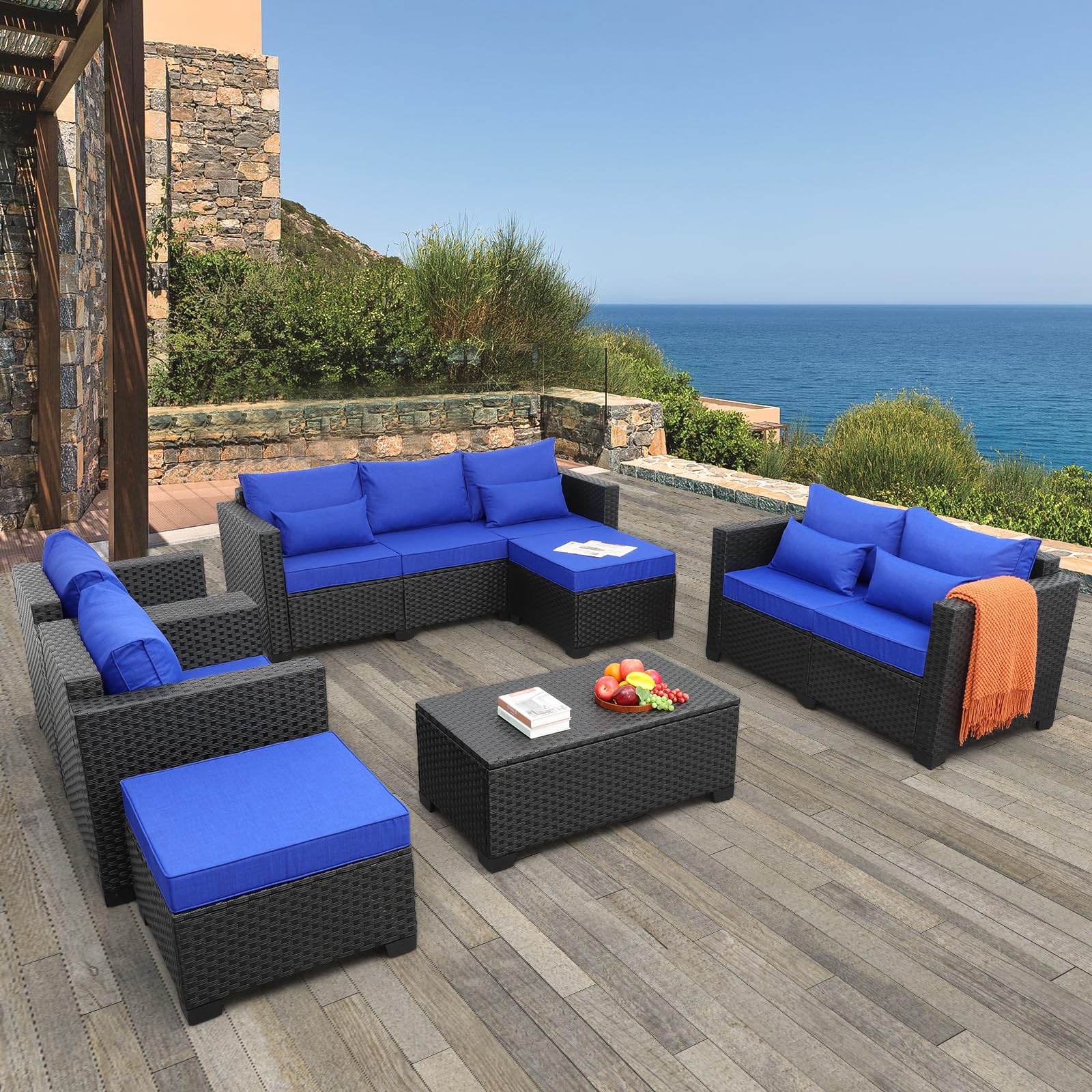 7-Piece Black Wicker Patio Furniture Set - Outdoor Rattan Conversation Sofa with Royal Blue Cushions & Covers - Perfect for Garden, Poolside & Backyard Relaxation