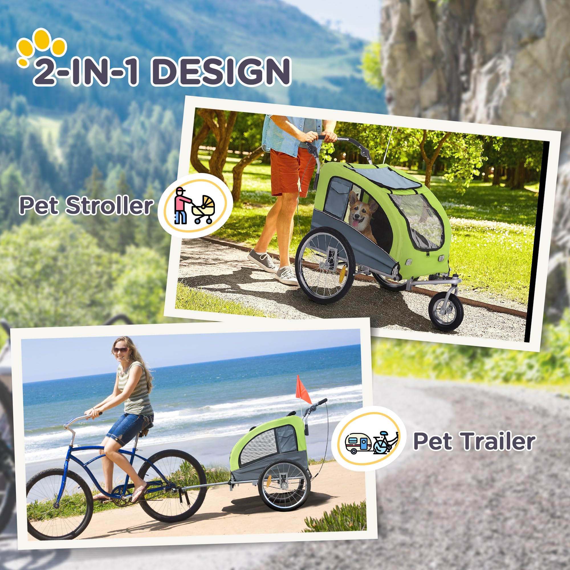 Aosom 2-in-1 Dog Bike Trailer & Pet Stroller with Canopy, Storage Pockets - Perfect for Cycling, Jogging, and Outdoor Adventures with Your Pet