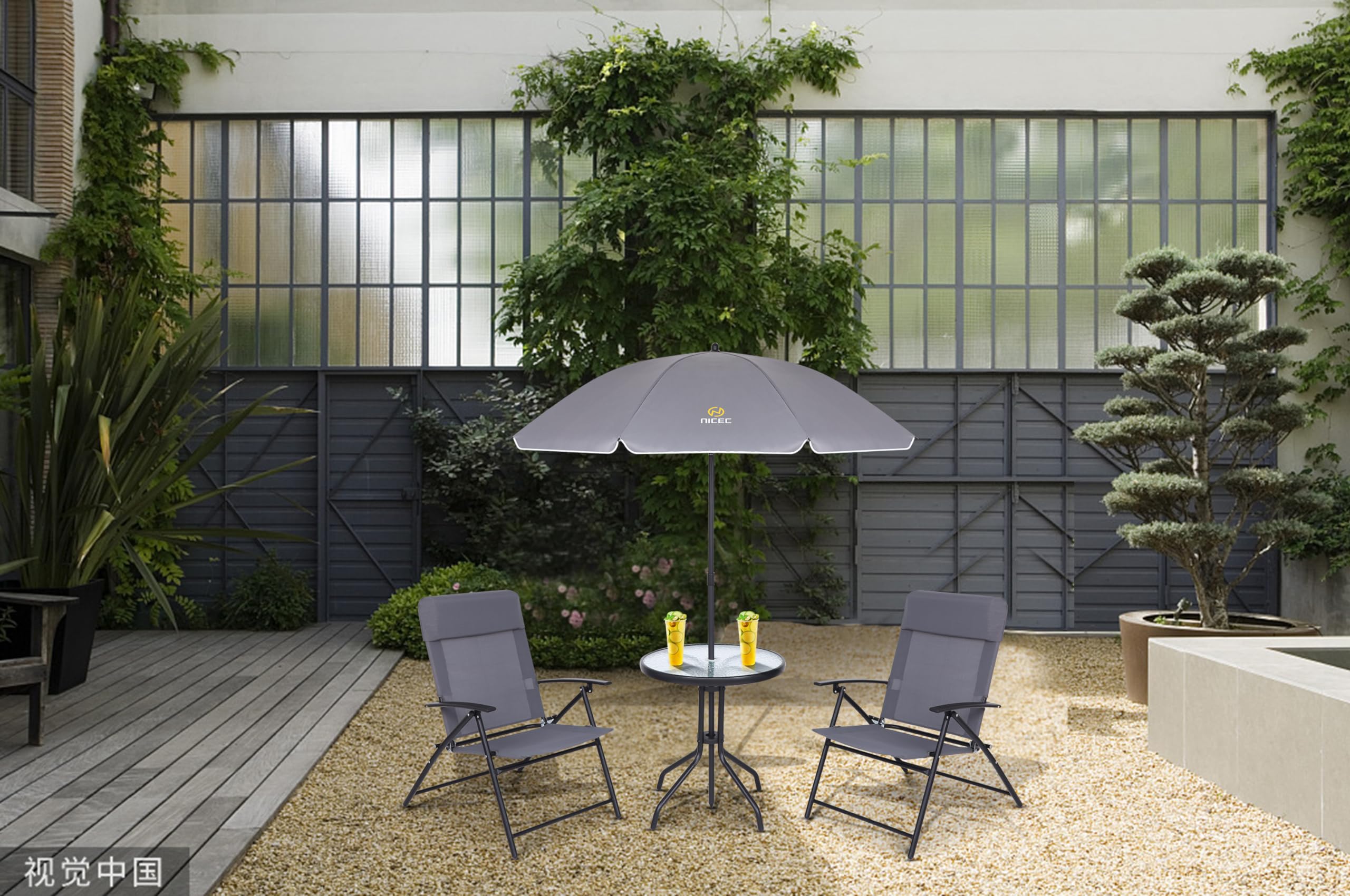 Premium 4-Piece Outdoor Patio Dining Set with Umbrella - Grey Glass Table & 2 Folding Chairs - Perfect for Garden, Backyard, Poolside & Balcony Relaxation