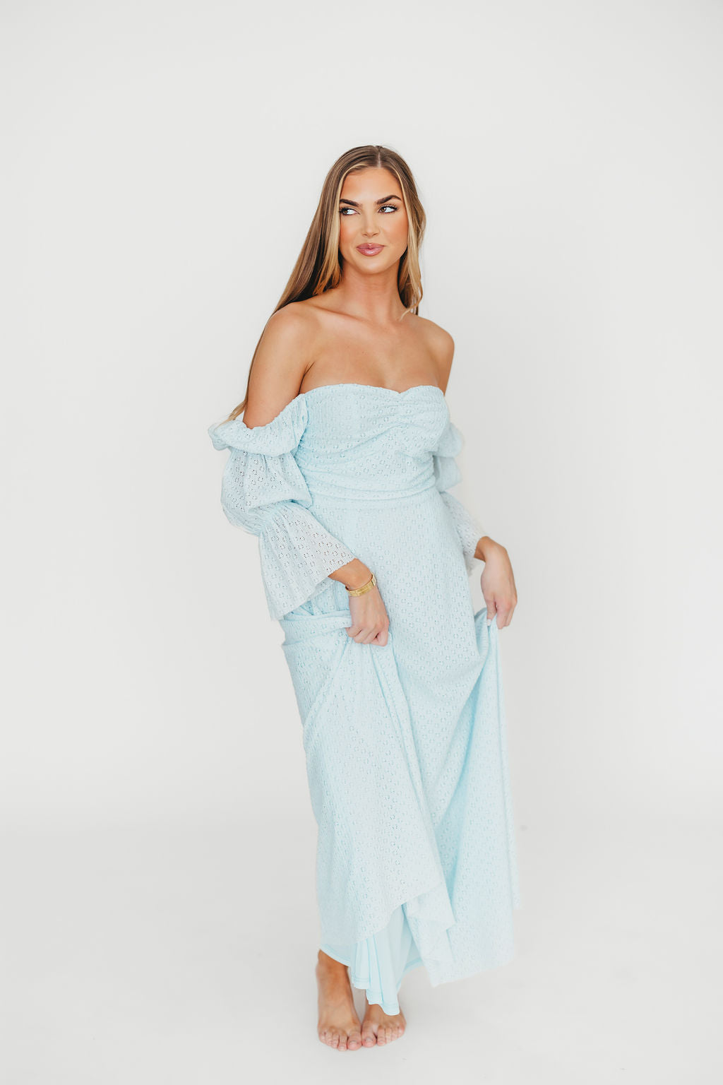 Corrine Tiered Sleeve Maxi Dress with Pockets - Baby Blue Maternity Dress for Pregnancy | Bump Friendly & Comfortable for Special Occasions, Baby Showers, and Summer Weddings