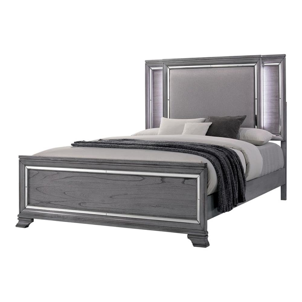 Furniture of America Hariston Wood Queen Bed Frame with Built-in LED Lights - Light Gray Finish for Modern Bedroom Decor | Perfect for Master Bedrooms, Guest Rooms & Contemporary Home Styling