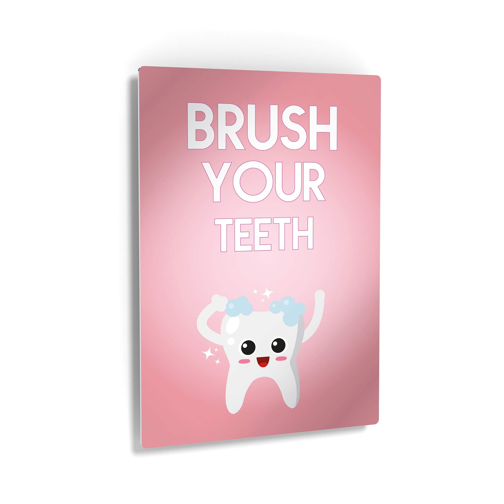 Smile Art Design - Brush Your Teeth Quote Metal Print - Kids Bathroom Wall Decor & Nursery Wall Art - Ready to Hang Home Decoration (12x8, Made in USA) - Perfect for Children's Rooms, Playrooms & Dental Office Decor
