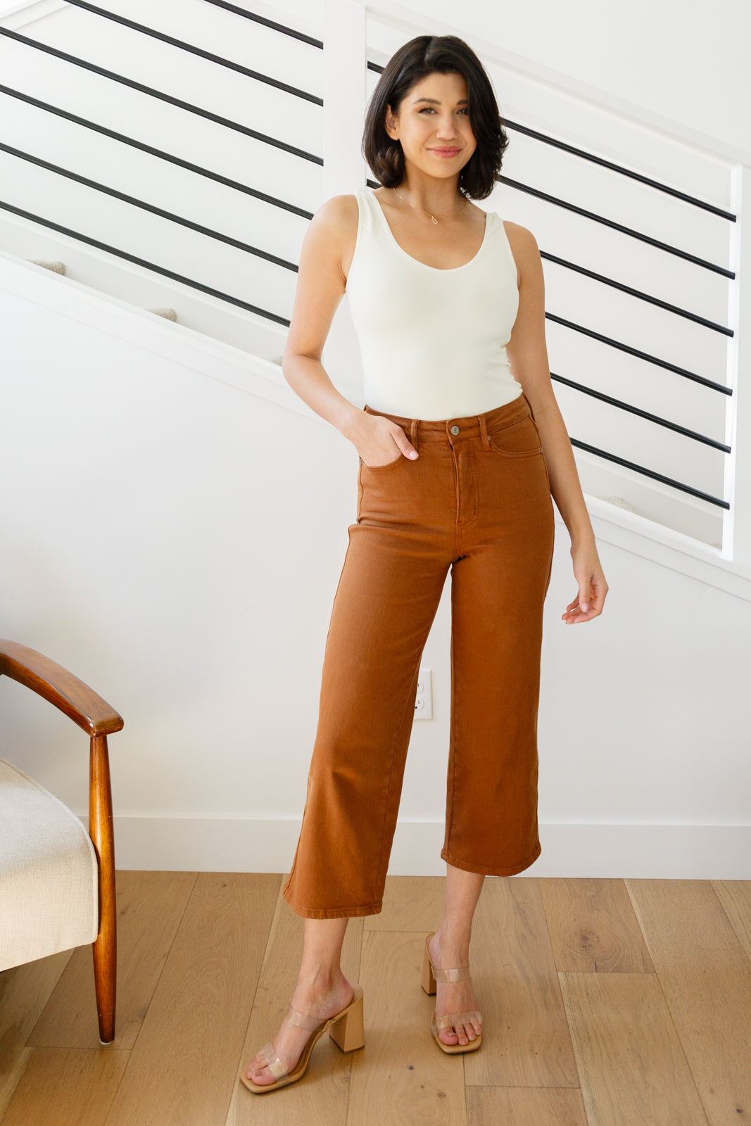 Briar High Rise Control Top Wide Leg Crop Jeans in Camel - Comfortable Stretch Denim Pants for Women, Casual & Office Wear