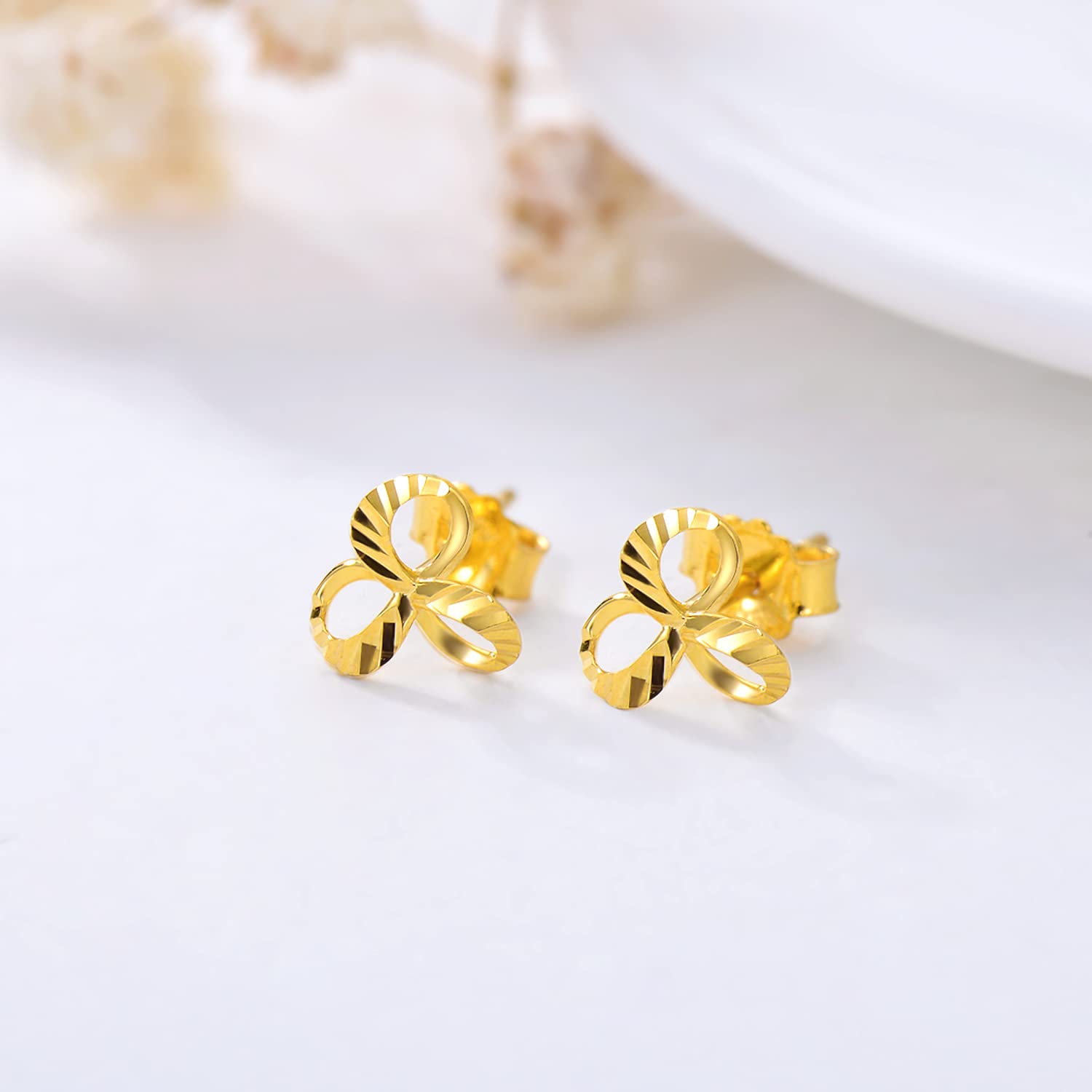 18K Solid Gold Knot Stud Earrings for Women - Real Gold Diamond-Cut Flower Earrings - Elegant Gift for Anniversary, Birthday & Everyday Wear