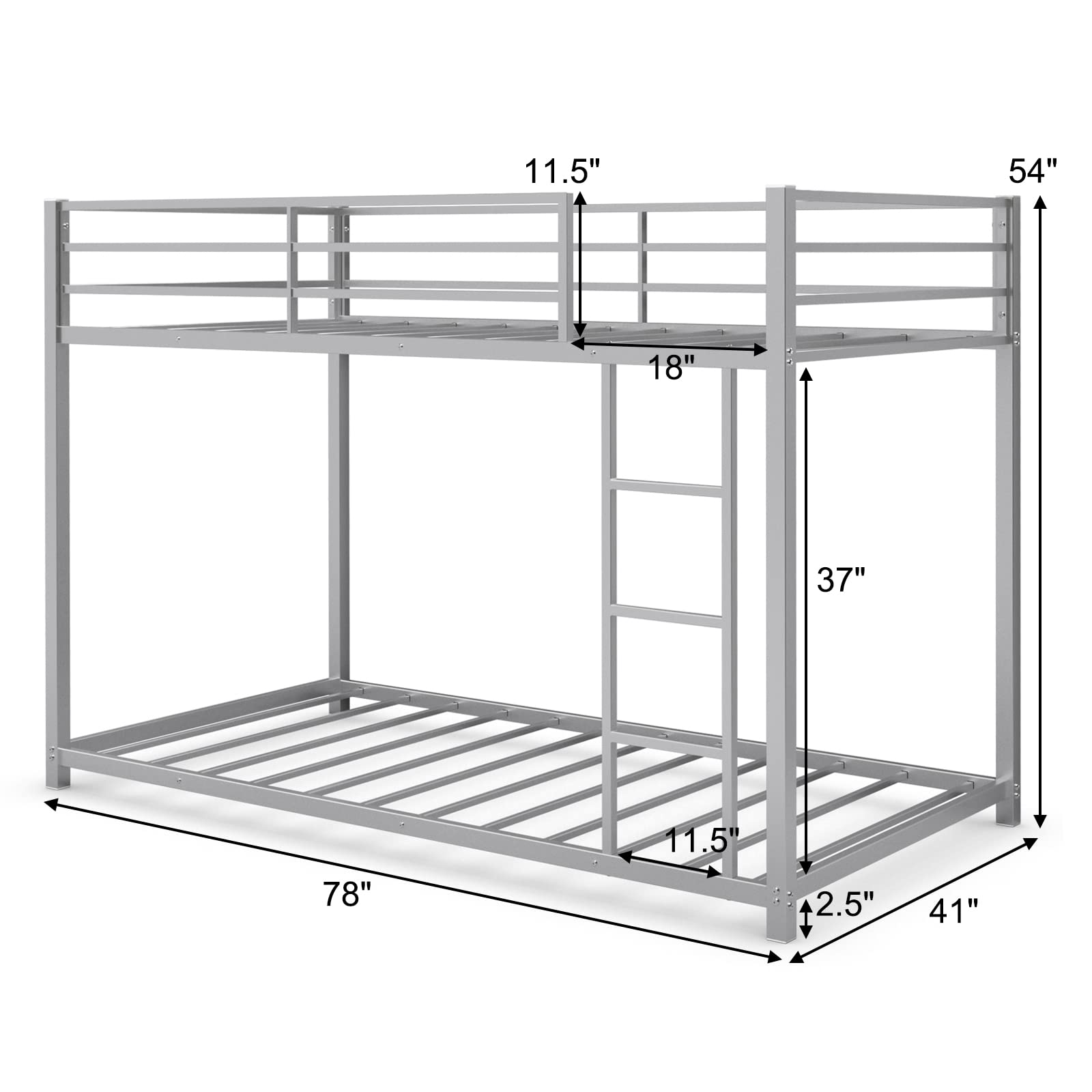 Giantex Twin Over Twin Metal Bunk Bed with Safety Guard Rails & Ladder - Heavy Duty Bunk Bed Frame for Kids, Teens & Adults - Easy Assembly, No Box Spring Needed (Silver) - Perfect for Small Bedrooms, Dorms & Vacation Homes