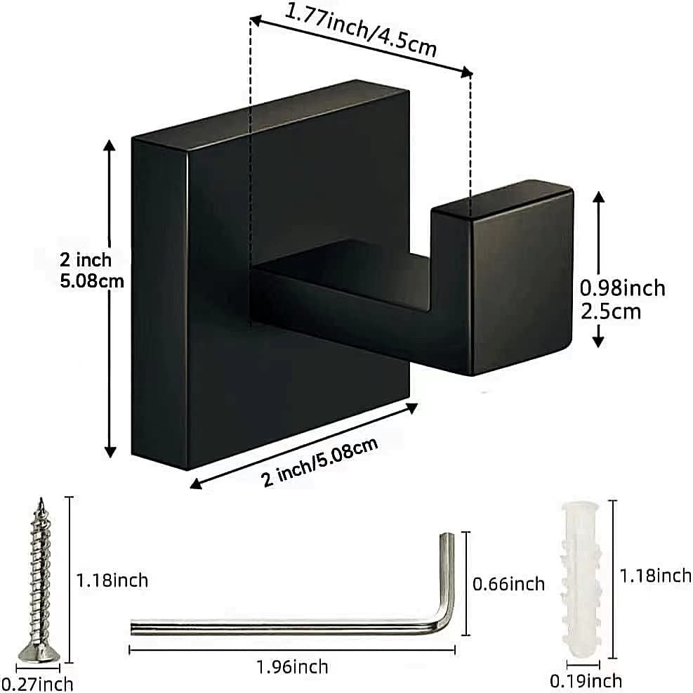 6 Pack Black Square Towel Hooks - SUS304 Stainless Steel Heavy Duty Wall Mount Hooks for Bathroom, Kitchen & Robe - Matte Black Finish for Hanging Towels, Coats & Bathrobes (Perfect for Home, Hotel & Spa Decor)