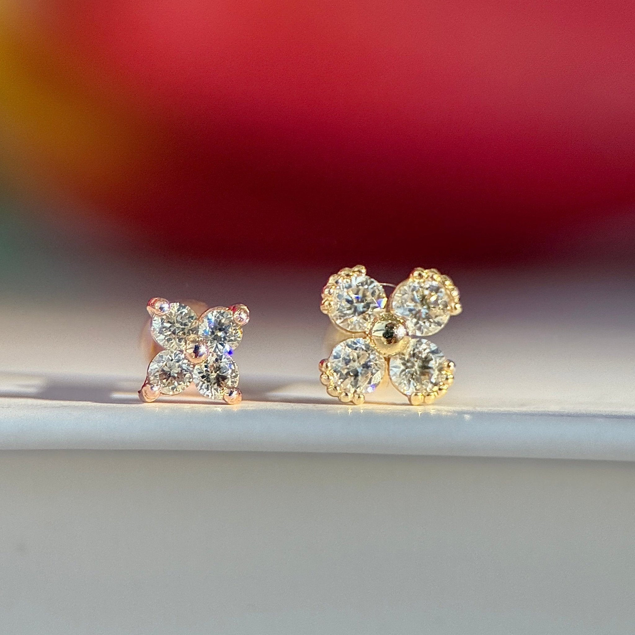14k White Gold Beaded Four Petal Flower Diamond Flat Back Stud Earrings for Women - Perfect for Weddings, Parties & Everyday Elegant Wear