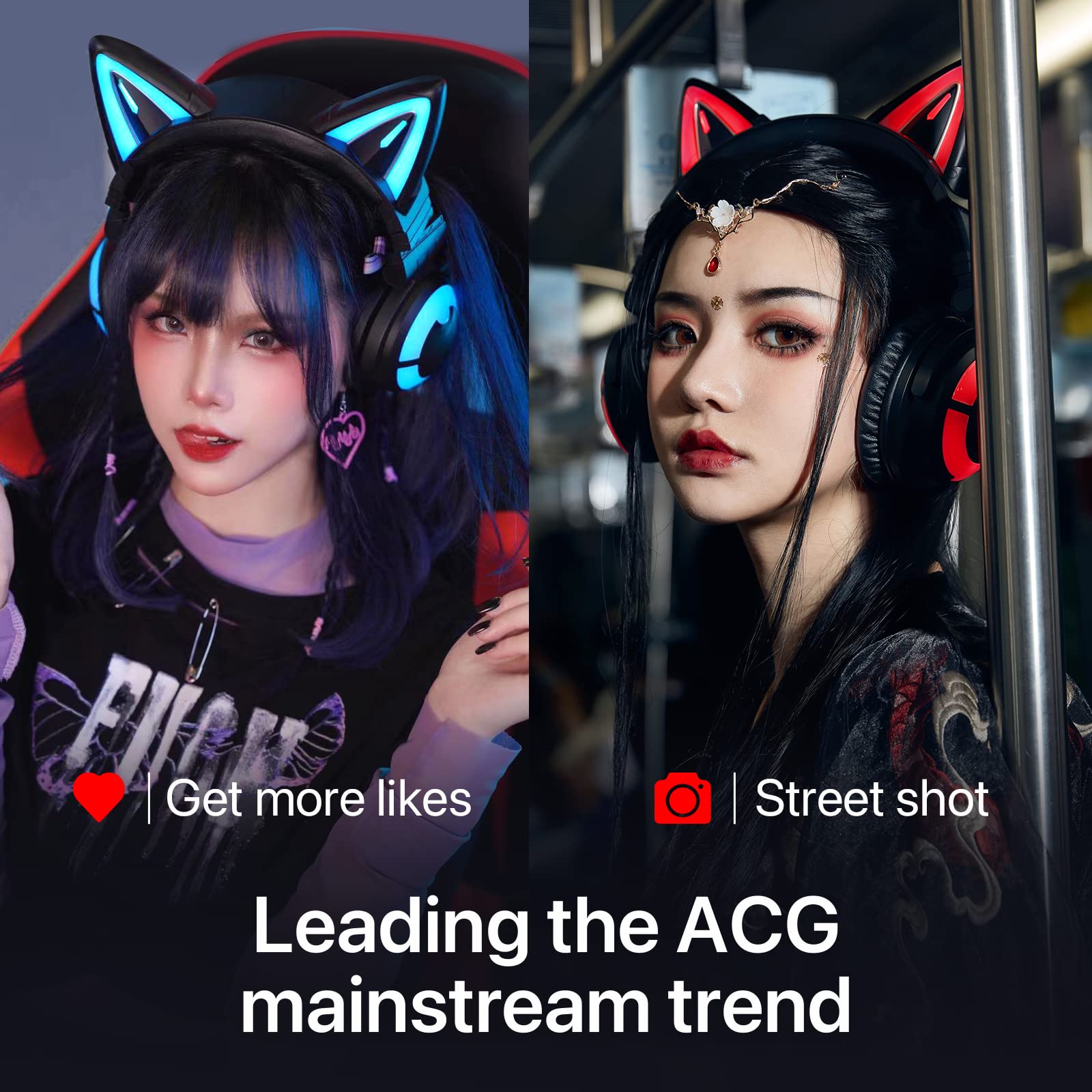 YOWU RGB Cat Ear Headphones Wireless Bluetooth 5.0 Gaming Headset with 7.1 Surround Sound, Built-in Mic, Customizable LED Lighting via APP, Foldable Design & Type-C Charging - Black | Perfect for Gaming, Streaming, Music & Cosplay