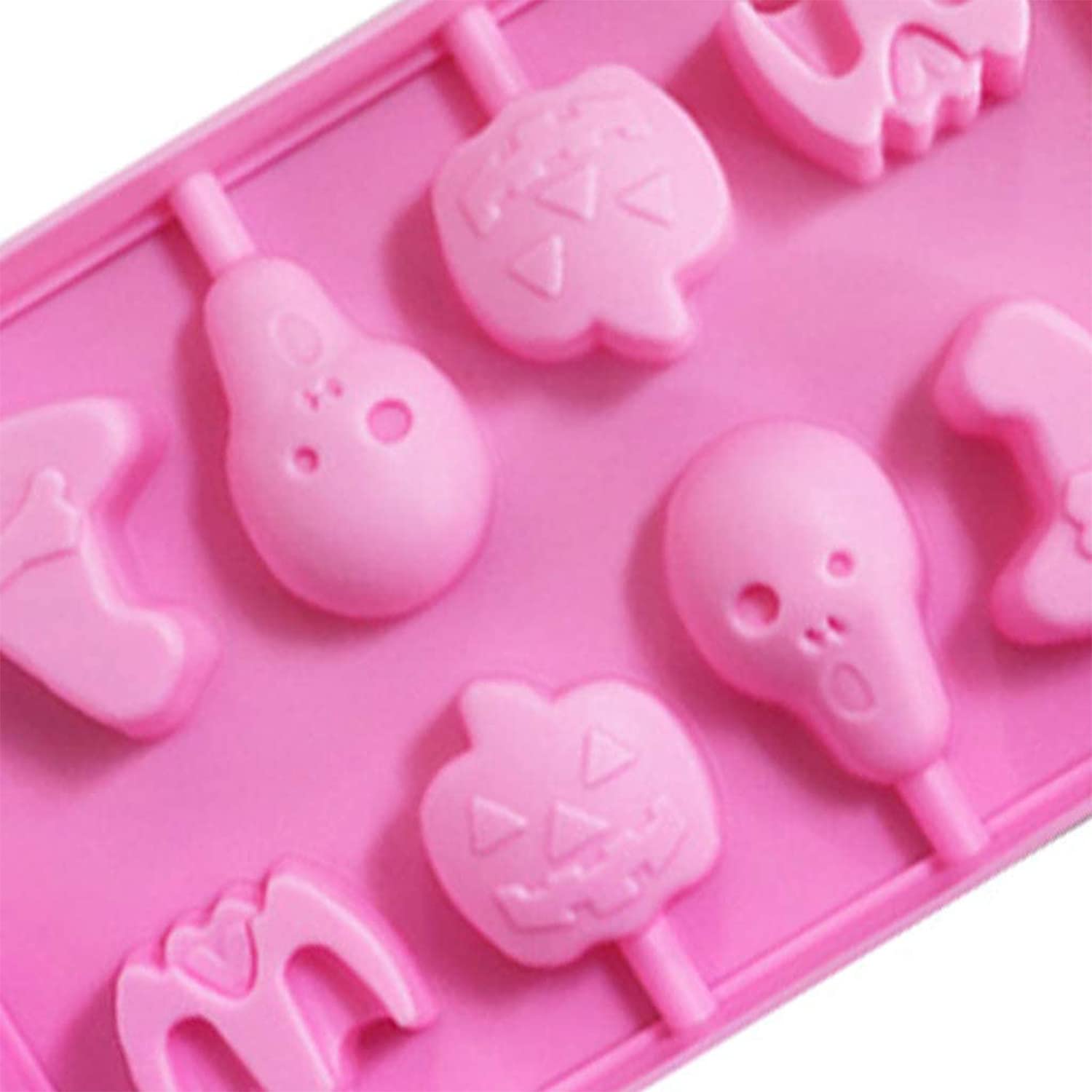 Premium Silicone Halloween Candy Molds - 2x8 Cavity Chocolate Lollipop Molds Set with Bat, Pumpkin, Ghost & Witch Hat Designs | DIY Holiday Treats for Halloween & Christmas Parties | Includes Lollipop Sticks for Easy Candy Making at Home