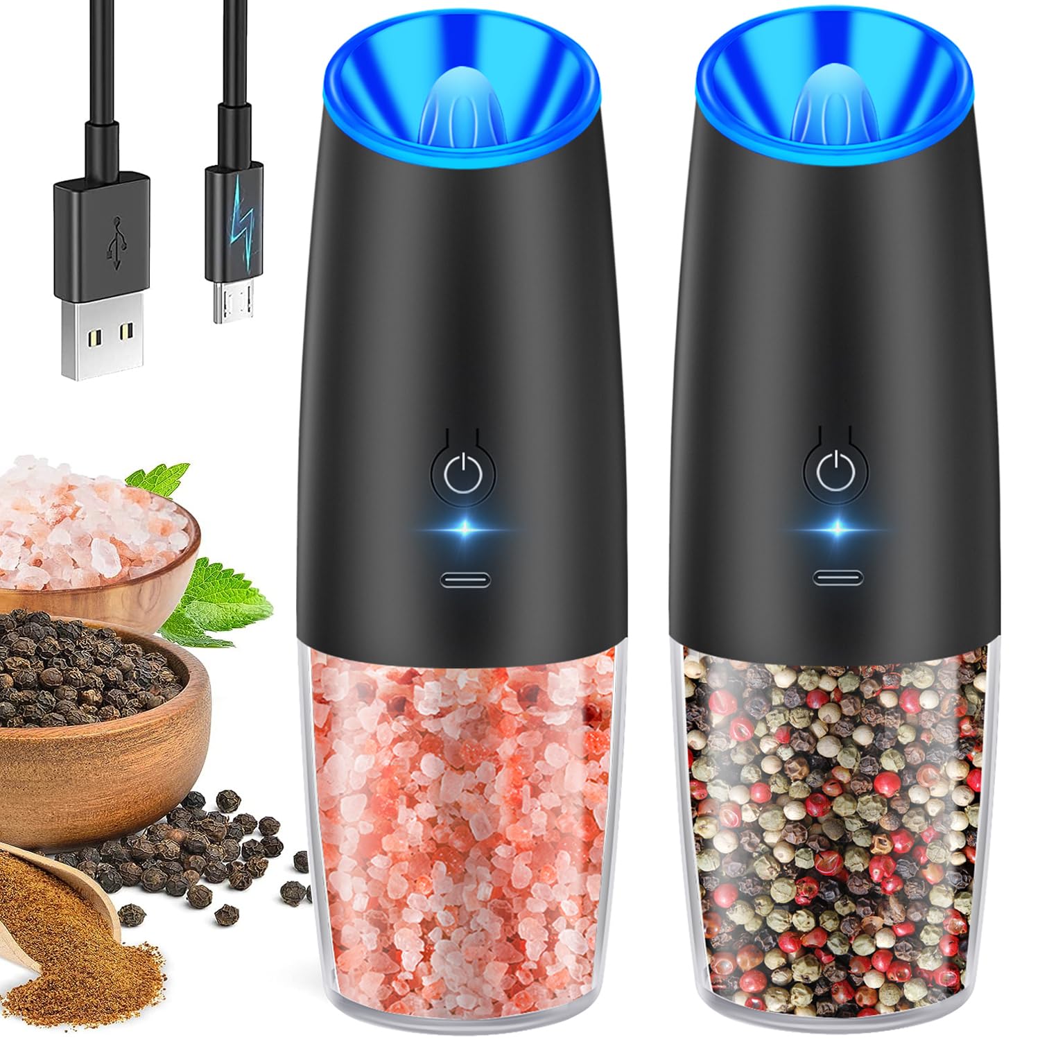 Rechargeable Electric Pepper and Salt Grinder Set - Adjustable Coarseness, LED Light, One-Hand Operation, Stainless Steel (2-Pack Black) - Perfect for Kitchen, Dining Table, Camping & Gifts