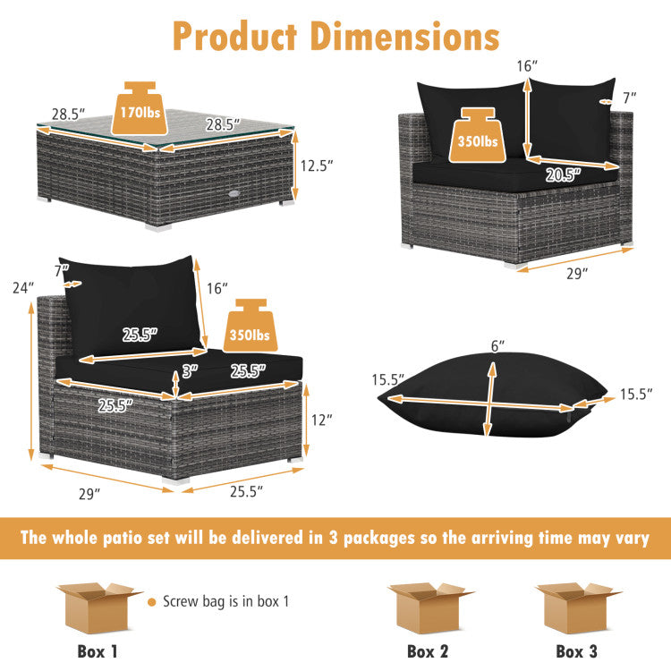 Costway 7-Piece Gray Rattan Patio Furniture Set with Tempered Glass Coffee Table - Outdoor Sectional Sofa for Garden, Poolside & Backyard Relaxation