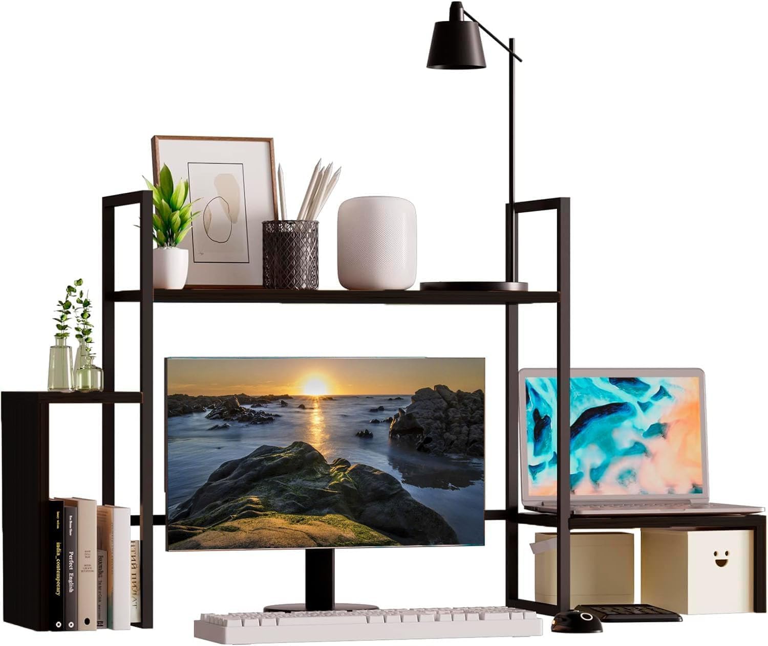 2-Tier Wooden Desktop Shelf with RGB LED Light Strip - 48.8