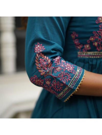 Exquisite Teal Blue Embroidered Cotton Anarkali Suit for Women | Traditional Indian Ethnic Dress | Perfect for Weddings, Festivals & Special Occasions