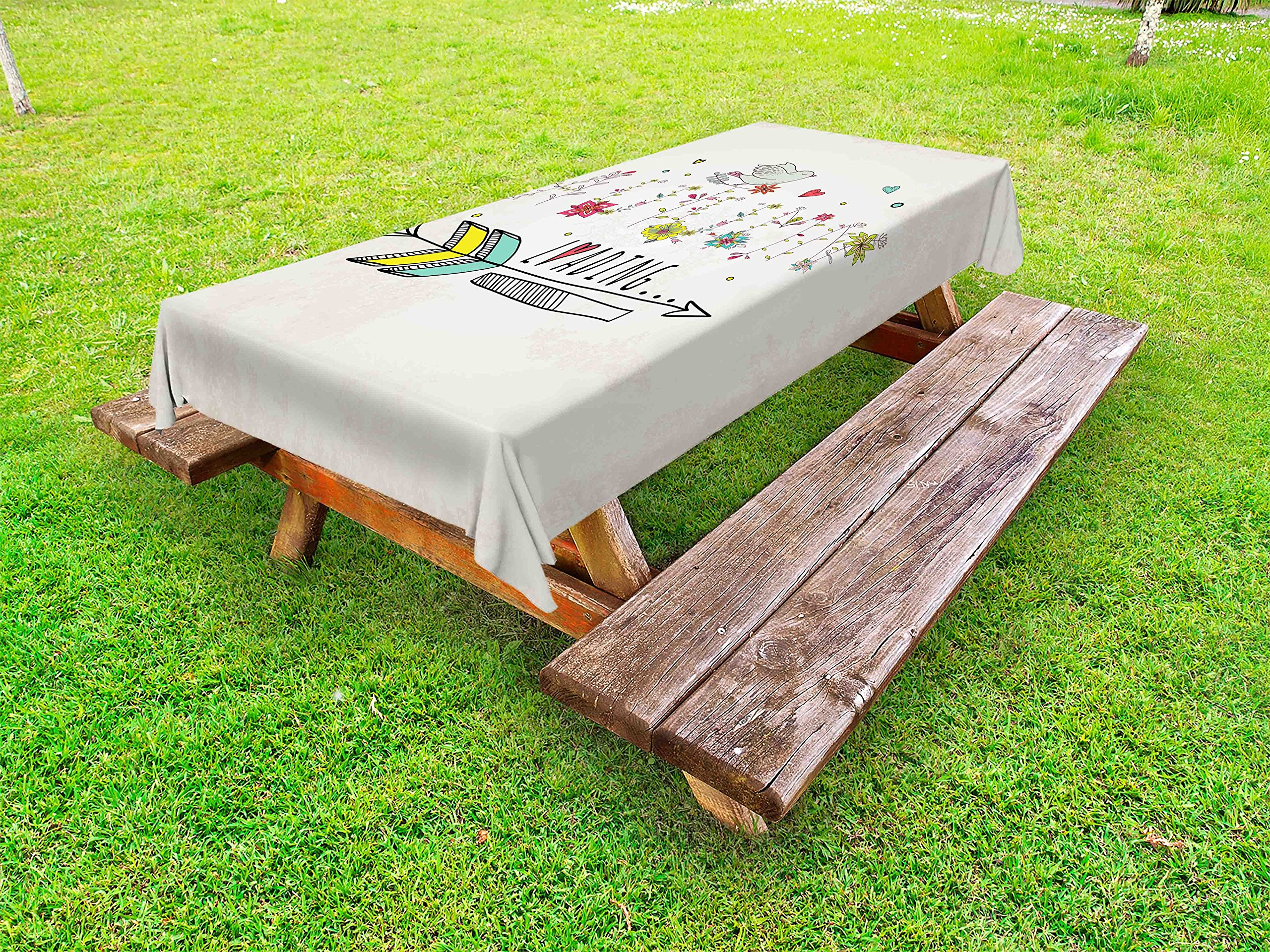 Ambesonne Vintage Floral Tablecloth - Autumn is Loading Phrase with Flowers & Arrow Design, Washable Outdoor Picnic Table Cover 58x104 Inches, Red Yellow Beige - Perfect for Fall Gatherings, Thanksgiving Decor & Garden Parties
