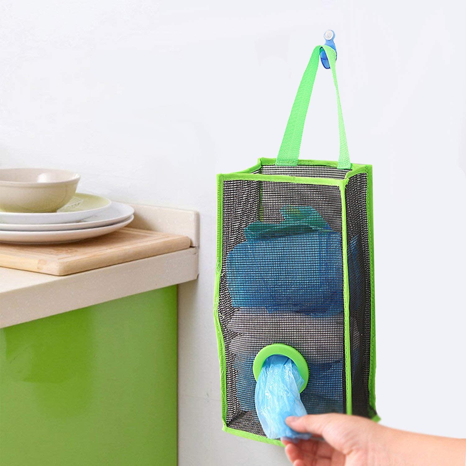 2 Pack Plastic Hanging Bag Holder with Seamless Hooks - Foldable Storage Mesh Trash Bag Dispenser Organizer for Kitchen, Bathroom & Grocery Bags - Space Saving Solution for Home Organization