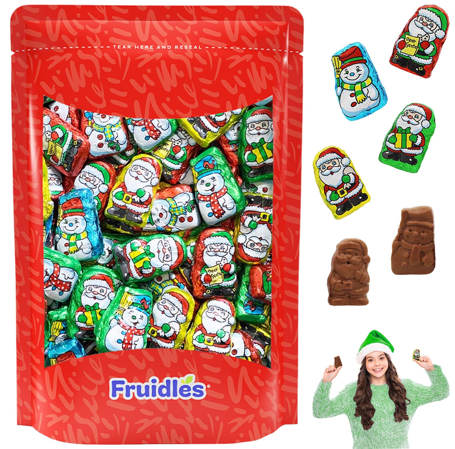 Fruidles Christmas Santa Helpers Milk Chocolate - Individually Wrapped Foil Candies, Resealable Party Bag (8oz) - Perfect for Stocking Stuffers, Holiday Treat Bags & Christmas Party Favors