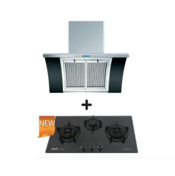 Ellane EH 2688 90cm Stainless Steel Chimney Hood with Arch Glass & WG 830SV 87cm 3-Burner Glass Gas Hob - Modern Kitchen Ventilation System for Home Cooking
