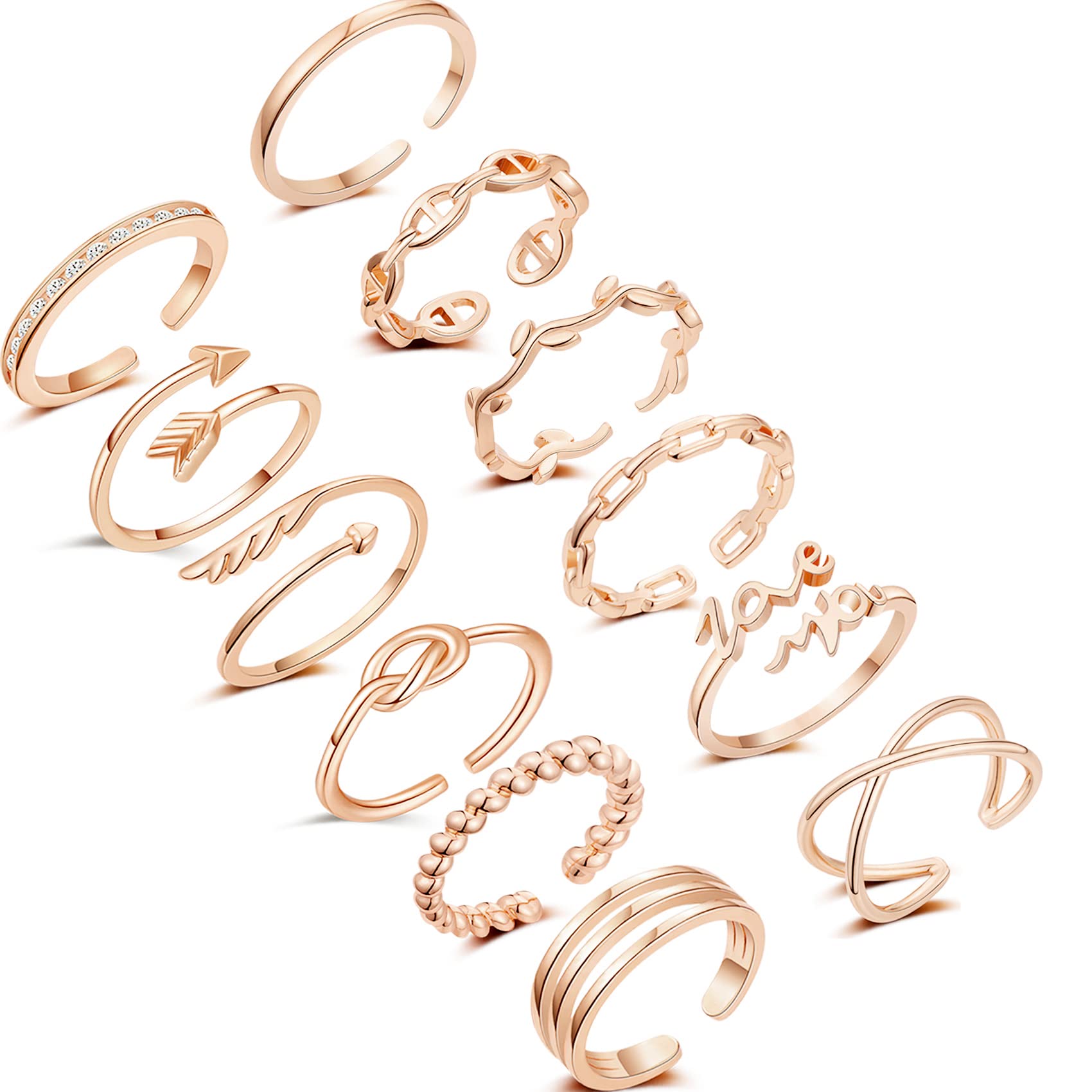 12PCS Adjustable Rings for Women - Silver Arrow Knot Wave Star Moon Open Stackable Thumb Joint Finger Rings Set | Trendy Teen Jewelry for Everyday Wear, Parties & Gifts