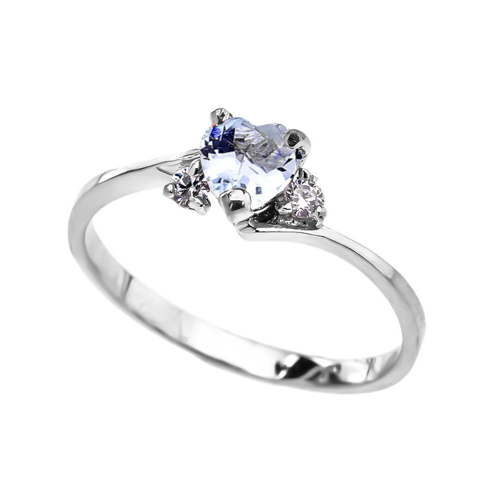 10k White Gold March Birthstone Heart Ring with Cubic Zirconia - Dainty Modern Contemporary Promise/Engagement Ring for Women, Perfect for Anniversaries, Proposals & Special Occasions