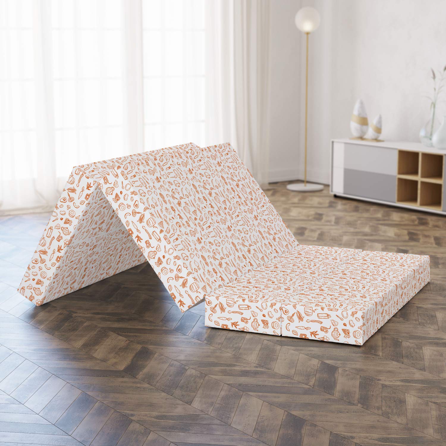 Ambesonne Food Art Foldable Mattress - Rolling Pin Whisk Lemon Print, 78.7 x 47.2 Inches, Burnt Orange & White - Perfect for Guest Beds, Dorm Rooms & Small Spaces