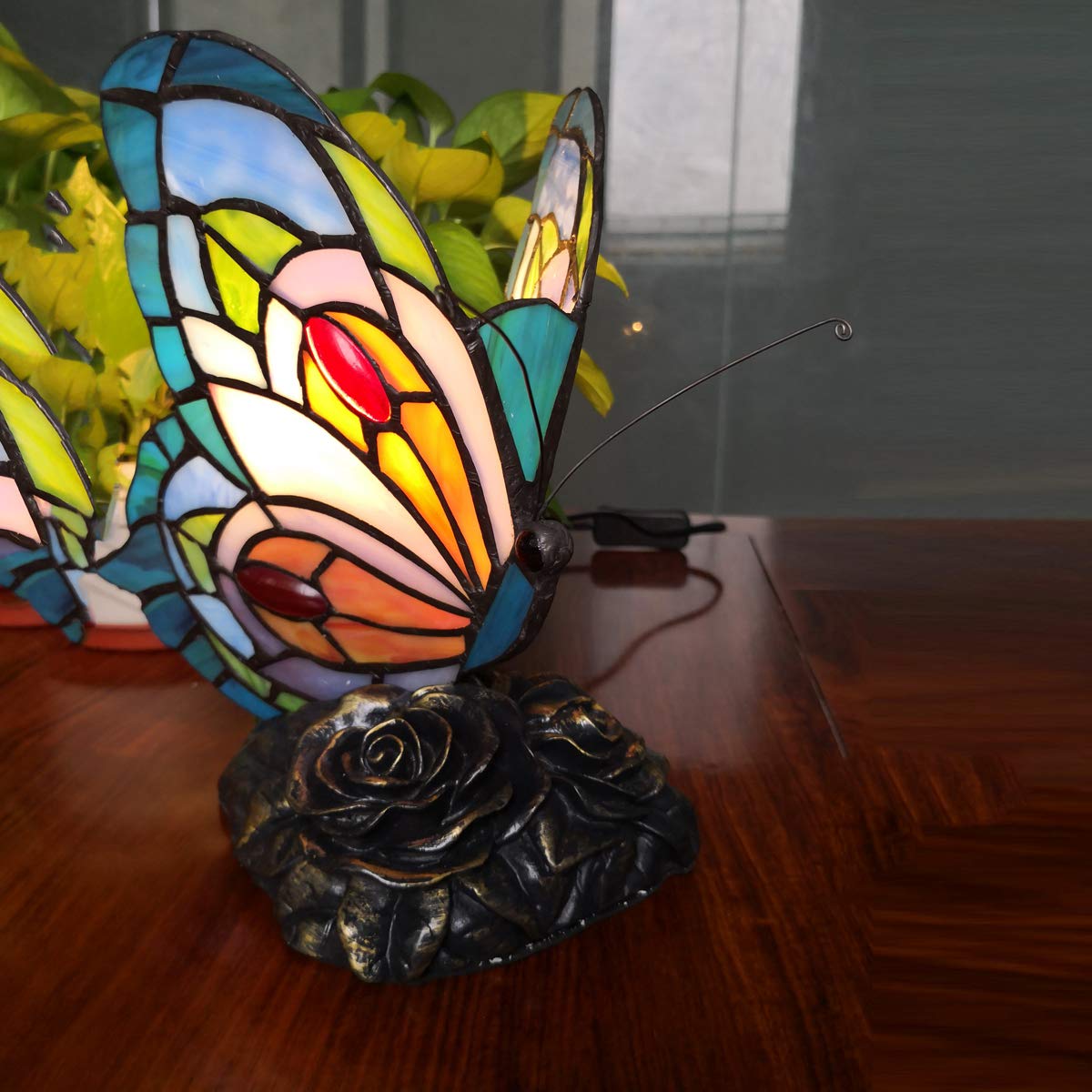 Tiffany Blue LED Table Lamp with Stained Glass Shade - Butterfly Fairy Nightstand Lamp for Bedroom, Office & Living Room | Touch On/Off Switch, Perfect Night Light & Gift for Girls, Grandma & Mother's Day (Includes Gift Box)